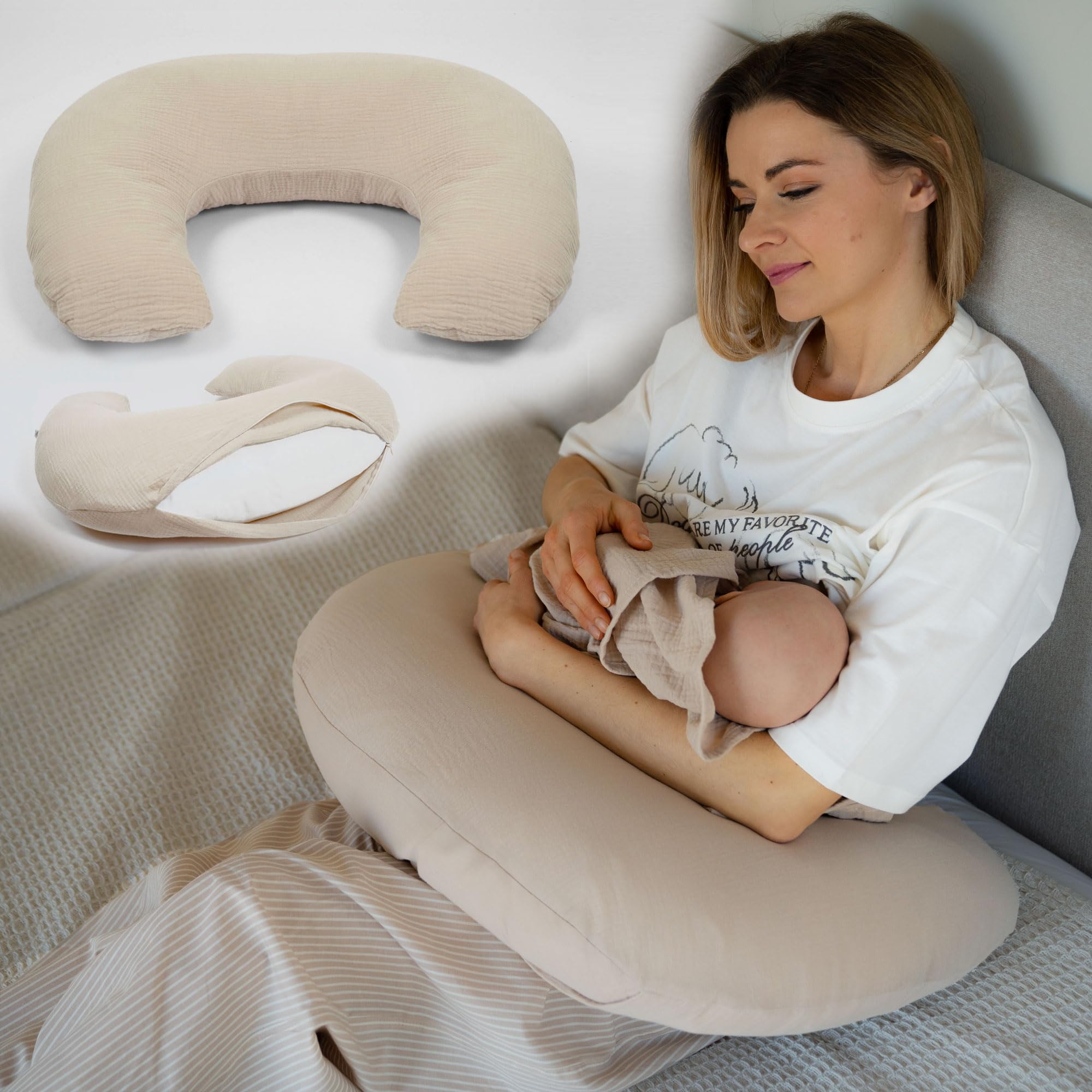 PaLulli® Musselin Stillkissen Stillkissenbezug aus 100% Musselin Baumwolle - Stillkissen für Baby, Stillhörnchen Baby, Stillkissen Atmungsaktiv & Waschbar, Stillkissen (Beige)