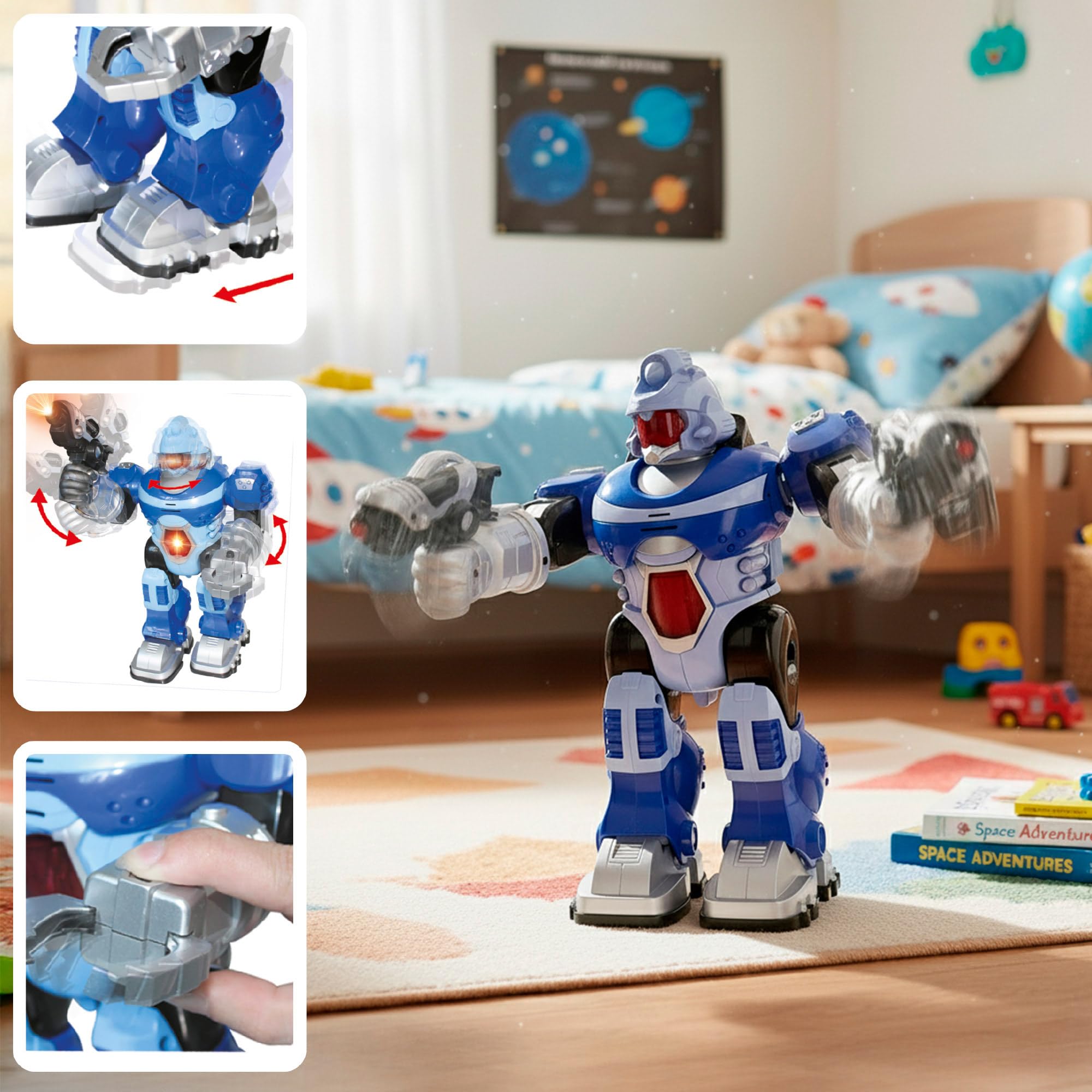 ColorBaby Warriors Robot giocattolo, movimento della testa, braccia e gambe, design futuristico, luci sul petto e sugli occhi, suoni, pistola, pinza snodata, giocattoli bambini 3 anni (39591)