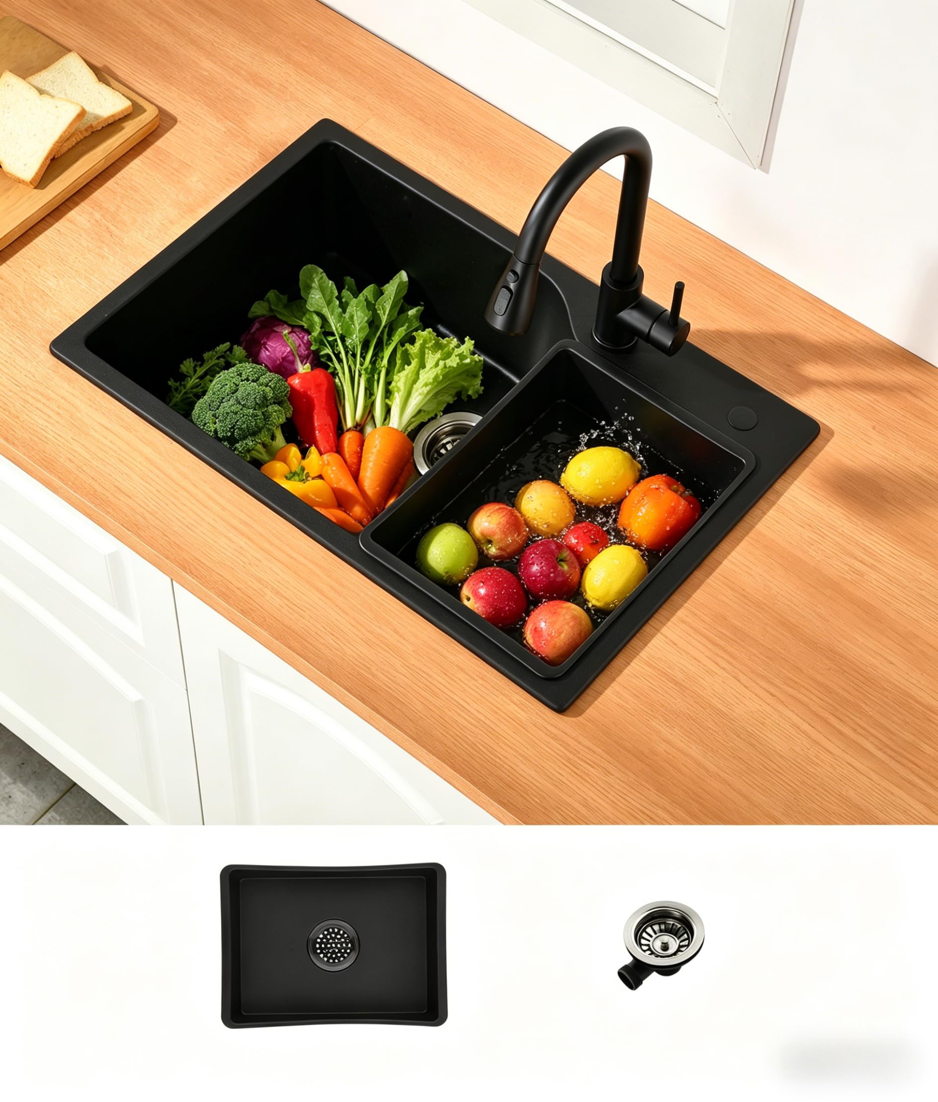 Évier de Cuisine Noir en Granit, Evier Cuisine 1 Bac 70 x 45 cm, Avec Bac Intérieur de Rechange et Vidange, Évier Cuisine Adaptable aux Meubles Bas à Partir de 80 cm de Largeur