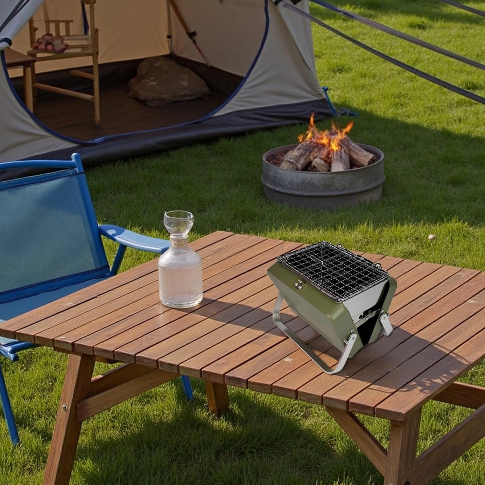 Mini barbecue a carbonella da tavolo, pieghevole, design a valigetta, barbecue portatile con corpo in ferro e gambe in alluminio, verde, per 1-2 persone per cucinare all'aperto