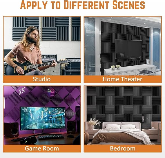 Acoustic Foam Panels Sound Absorbing 12 Pack - 1 X 12X 12 Sound Proof Panels Noise Reducing for Walls, High Density Sound Deadening Panels Black Wedge for Studio Recording & Office & Home