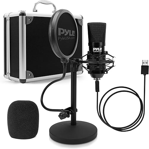 Pyle Kit de grabación de podcasts de micrófono USB, micrófono de condensador cardioide de audio con soporte de escritorio y filtro pop, para juegos,
