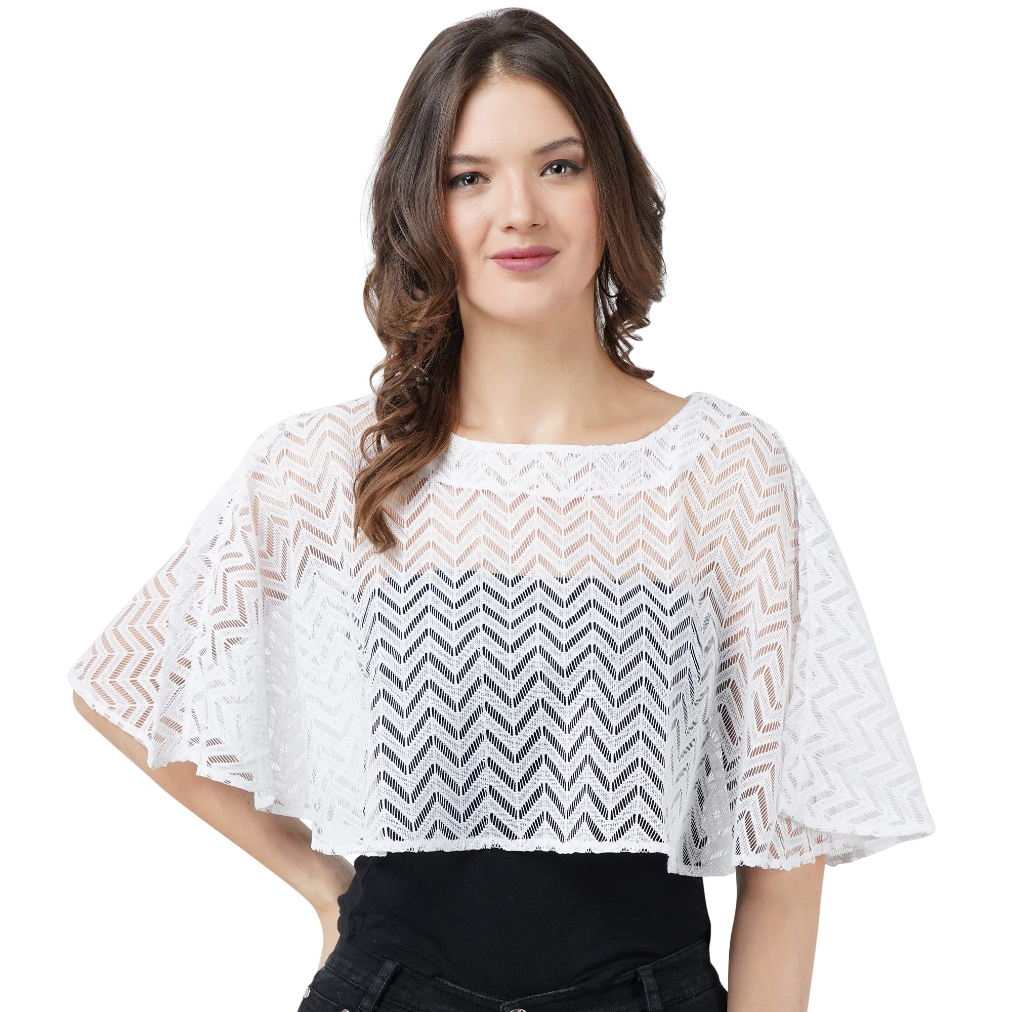 Women's cropped sleeveless round neck net Cape/poncho-image-19