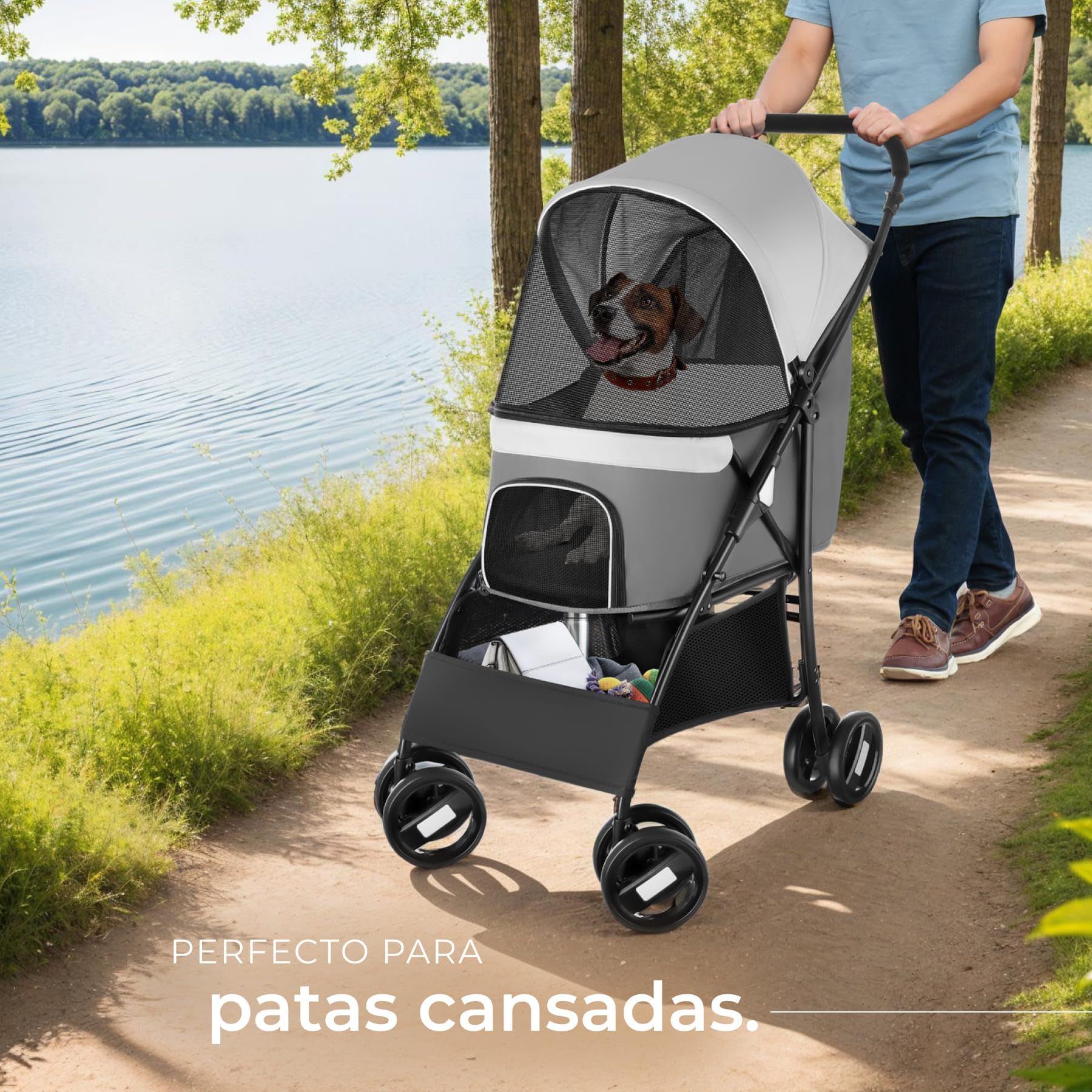 tectake® Carrito para Mascotas, Plegable, con Suspensión y 2 Arneses Ajustables, Ruedas Dobles Giratorias y con Freno, Tejido Oxford Resistente al Agua, Transporte Seguro para Perros, Gatos y Mascotas