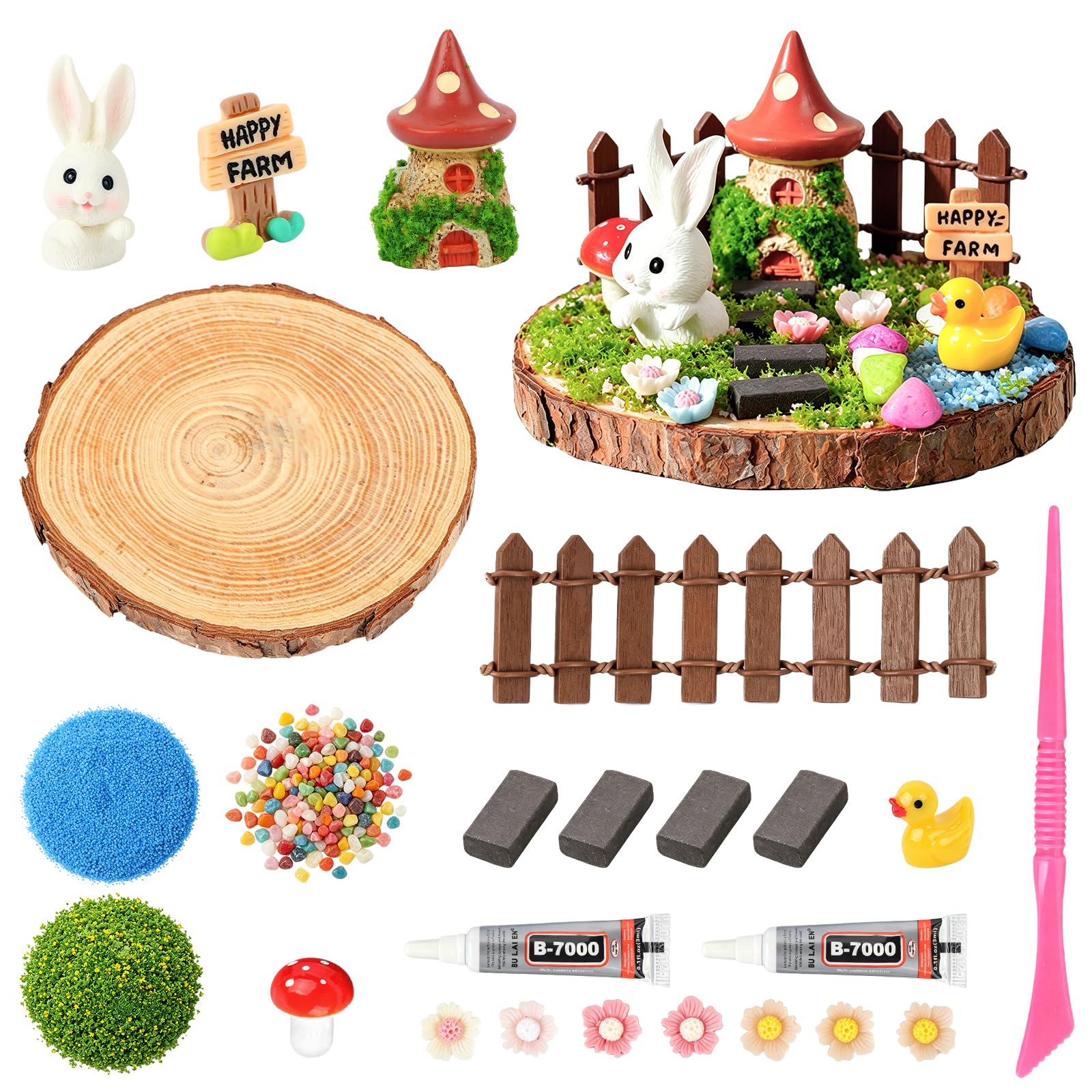 LALASTYLE Fairy Garden Miniature DIY Kit, Happy Farm Set with Wooden Fence, Mushroom House, Resin Rabbit & Duck, Small Flowers, Micro Landscape Ornaments for DIY Crafts, Terrarium & Dollhouse Decor