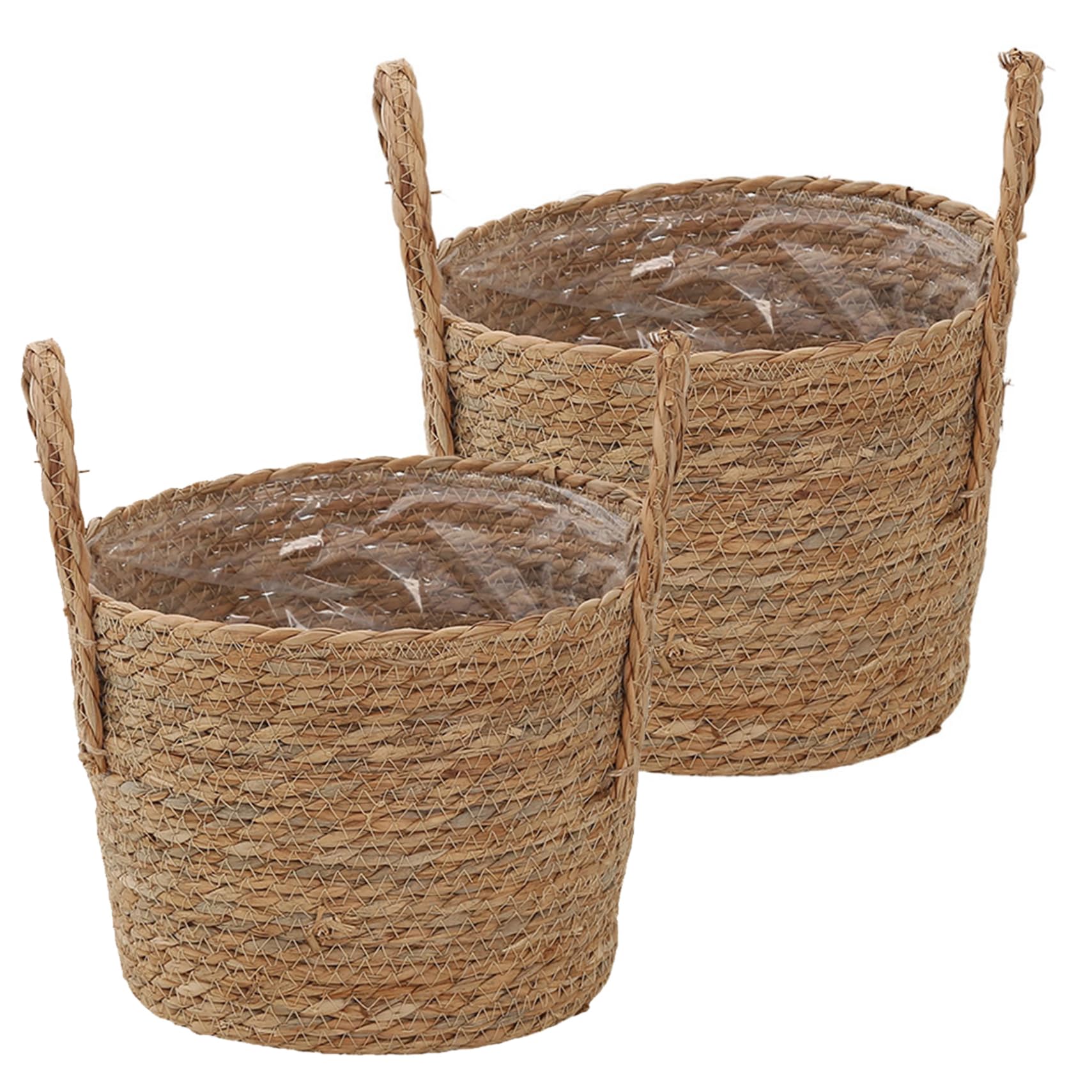 Monwssoe Flower Pots, Wicker Planter Basket 2PCS Straw Woven Planter with Plastic Lining and Handle, Woven Basket for Plant Flower Pots Cover and Room Decor 9.84x11.02 inch