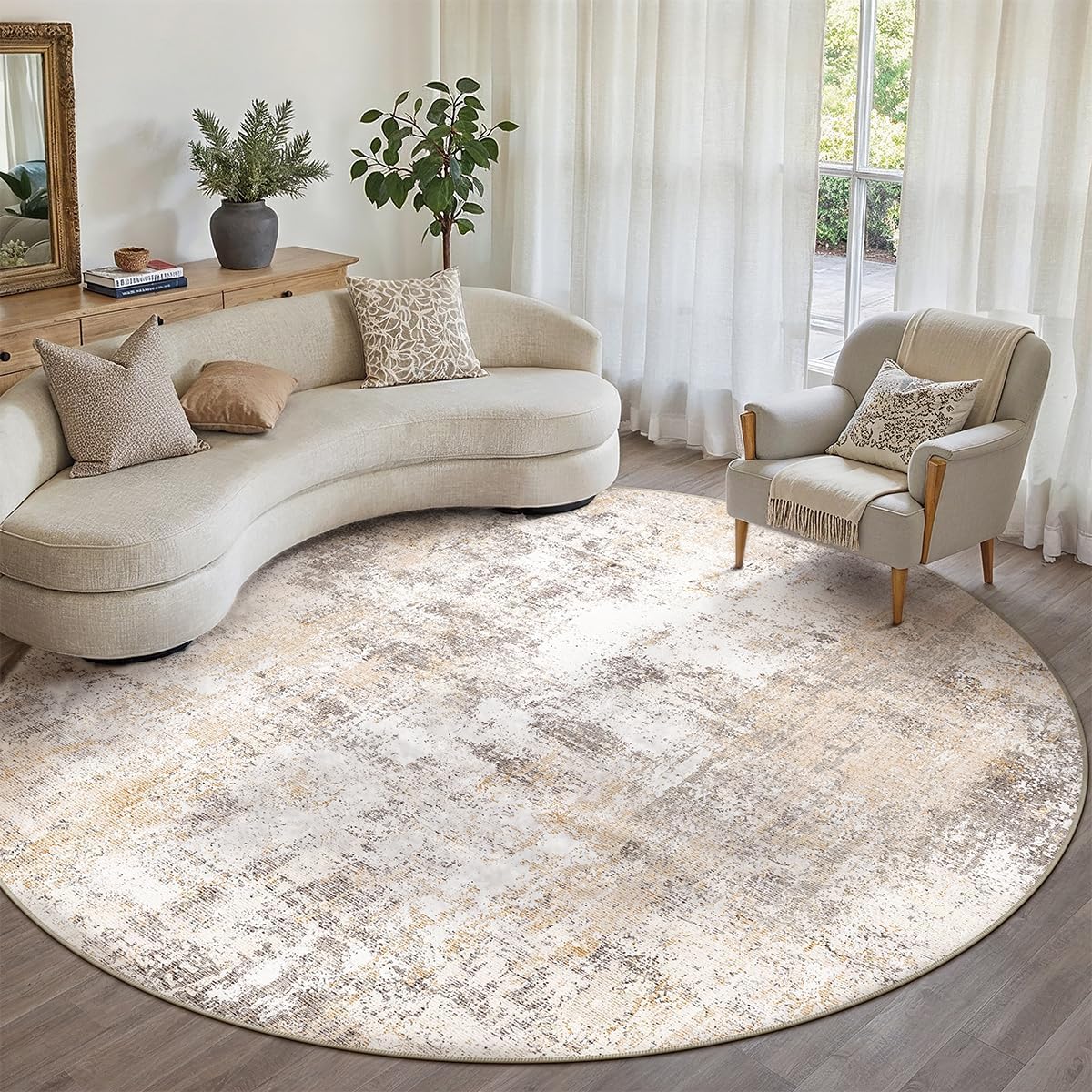 HUGEAR Washable Round Rugs 240cm Living Room Rug Beige Grey Non Slip Abstract Natural Neutral Modern Large Carpet Bedroom Kitchen Hall Lounge Bedside Low Pile Carpets