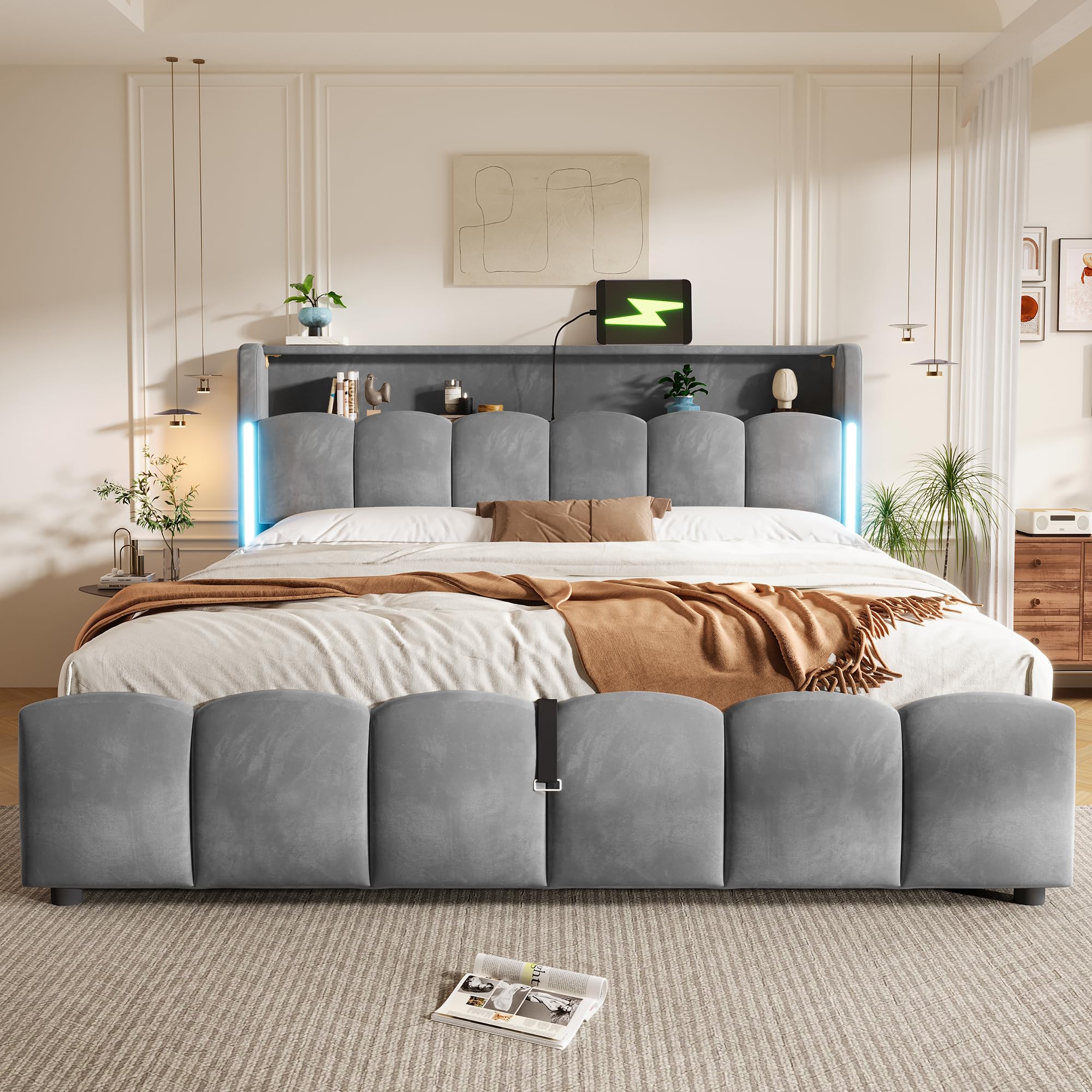 Doppelbett 180x200 mit Hydraulisch Stauraum, LED-Beleuchtung, Samt | Polsterbett, Samt Bettgestell mit USB- und Typ-C-Anschlüssen, Kopfteil mit Staufach, Bettrahmen mit Lattenrost(Ohne Matratze)