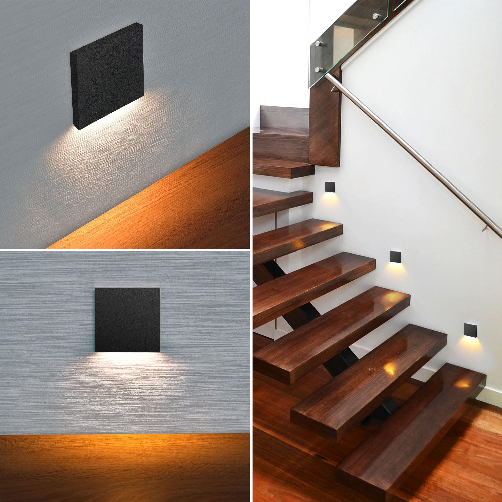 Maxkomfort 6x LED Treppenbeleuchtung 2,5W Warmweiß Eckig, Stilvolles Schwarz Aluminium, Einbau Wandstrahler, Flur Nachtlicht - 6190S-BK