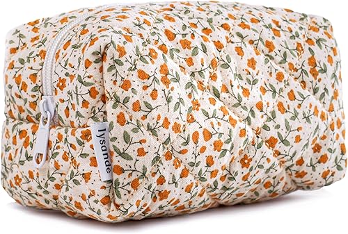 LYSANDE Bolsa de maquillaje acolchada floral Puffy, Neceser Tote, Cosméticos Bolsa, Bolso de cosméticos floral, 2 flores rojas, Bolsa de maquillaje