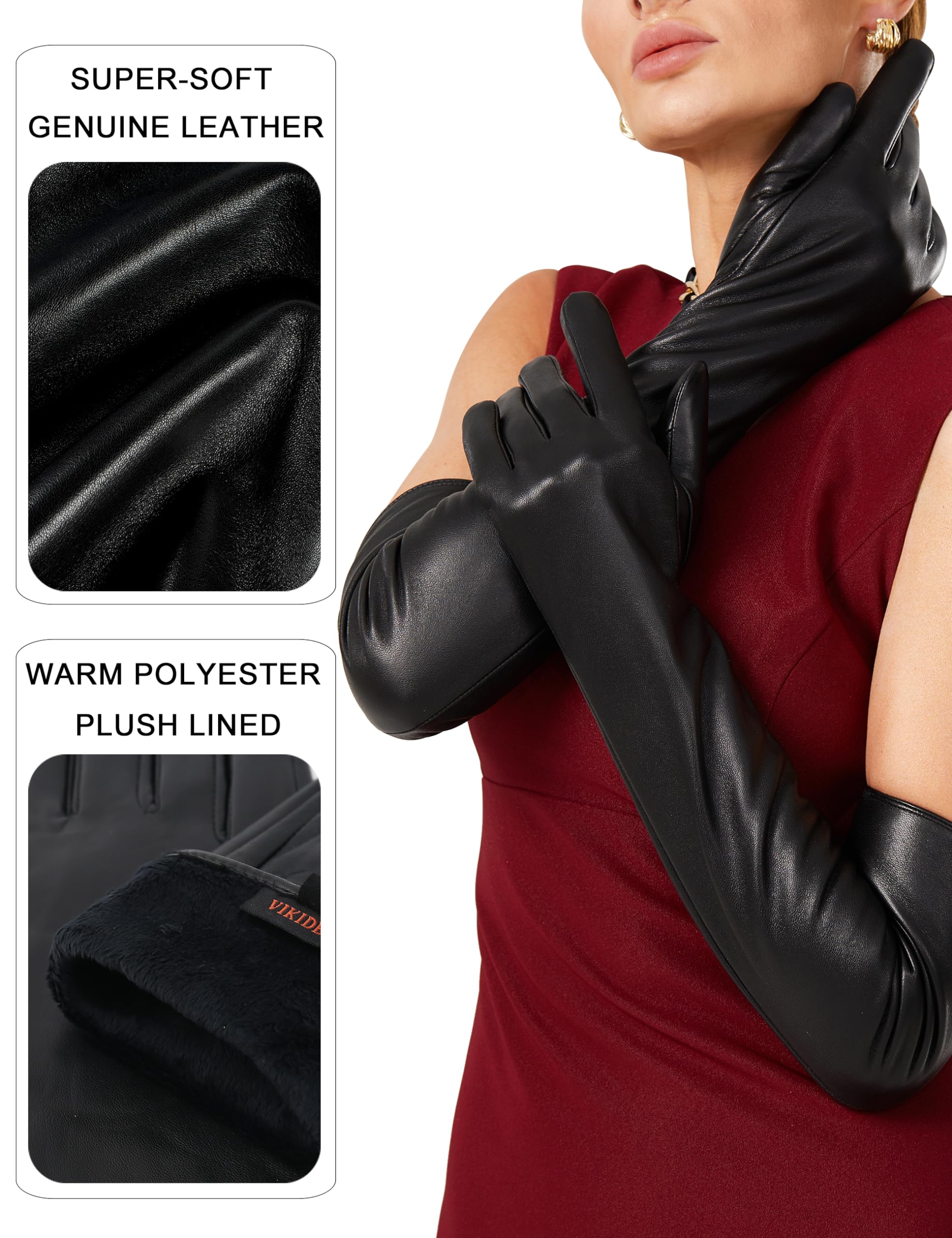 VIKIDEER Warme weiche lange Lederhandschuhe Frauen Plüsch gefüttert Voll Touchscreen Luxus Handschuhe für Abend Oper Arty Kostüm 23,6 ''