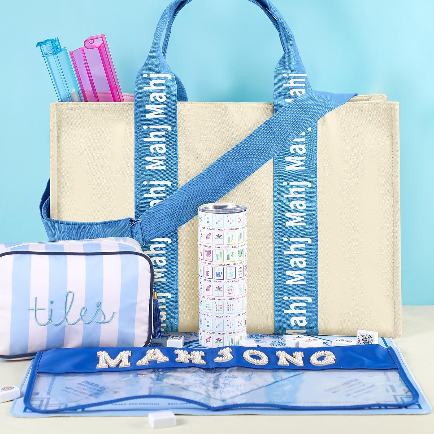 Empty Mahjong Bag for Tiles 22x15x6 Inches Thickened Canvas Mahjong Carrying Tote Bag with Lining and Thicker Handle for Enthusiasts Women or Men Party Supplies, Case Only(White and Light Blue)