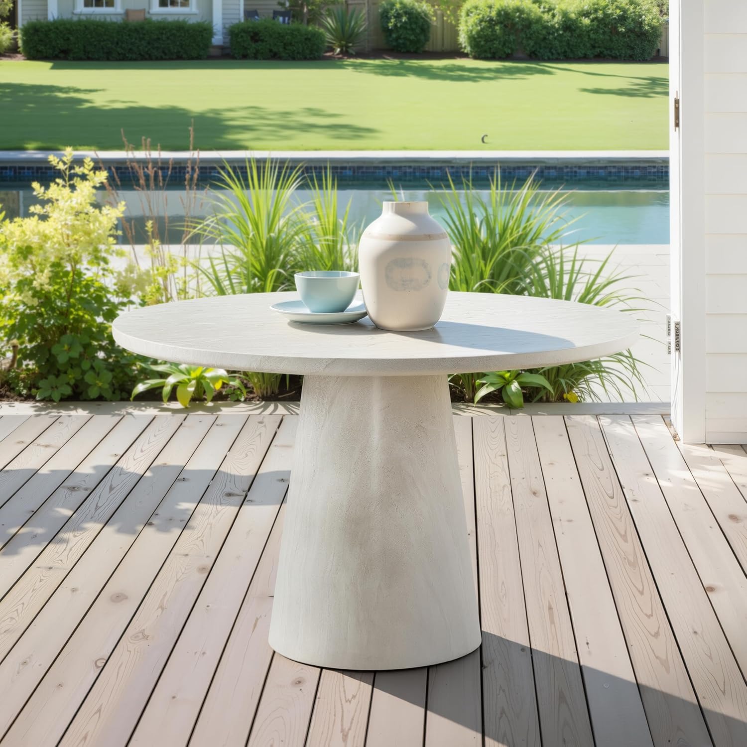 Vyn 48" Round Dining Table Concrete Travertine Finish, Modern Organic Drum Base, Minimalist Brutalist Indoor Outdoor Patio Table, Sculptural Circular Weather Resistant Hollow Stone Base - Cloud