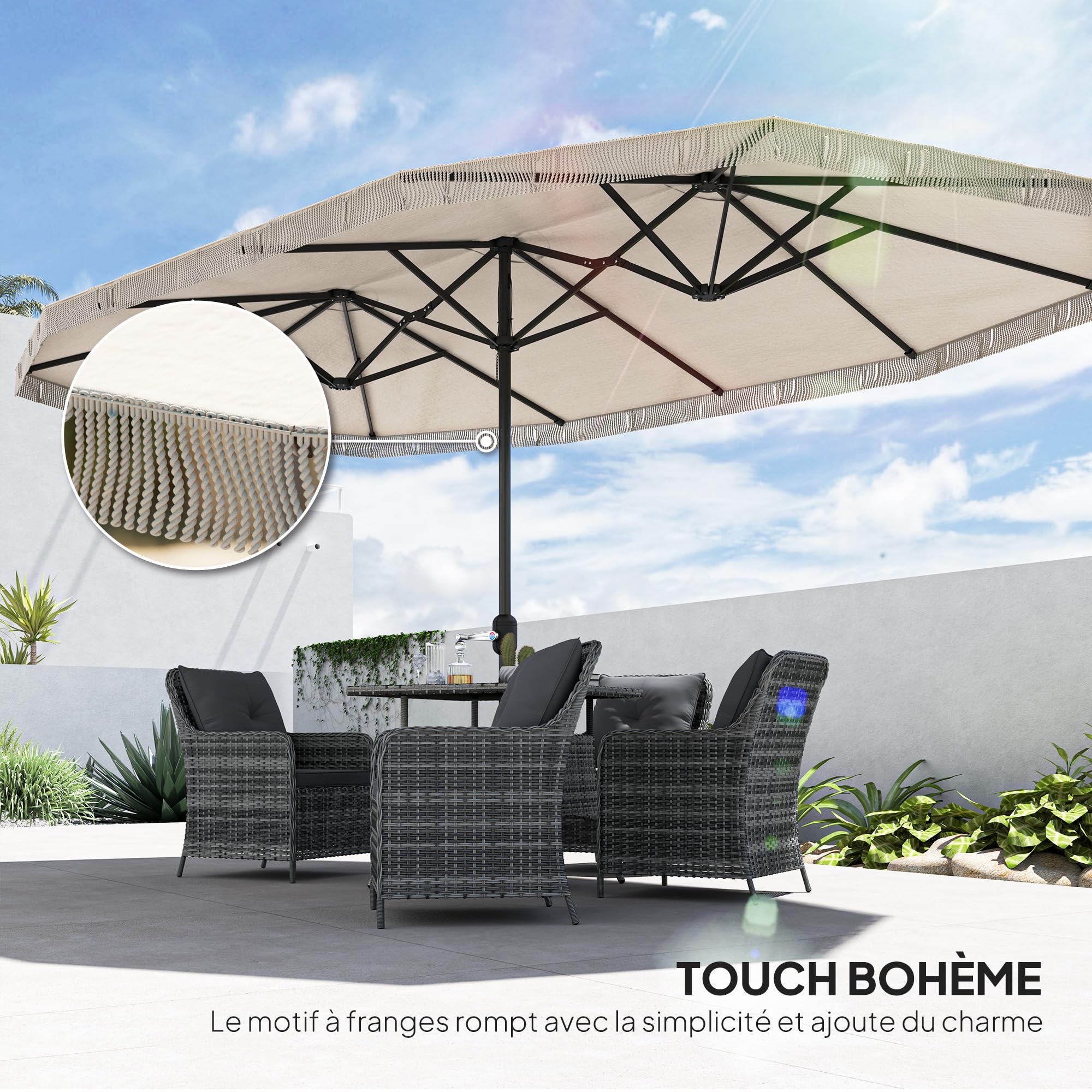 Outsunny Zewnętrzny parasol ogrodowy, podwójny prostokątny, 4,5 x 2,65 x 2,6 m z otworem korbowym i frędzlami, płótno 180 g/m², parasol na balkon, basen, taras, kremowy