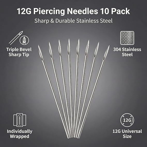 ericotry 10Pcs Body Ear Nose Navel Nipple Eyebrow Piercing Needles Sealed and Sterilized 12G 14G 16G 18G 20G Gauge for Piercing Supplies Piercing Kit Body Piercing Tool (12G)