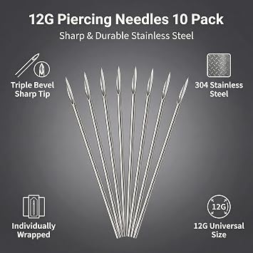 ericotry 10Pcs Body Ear Nose Navel Nipple Eyebrow Piercing Needles Sealed and Sterilized 12G 14G 16G 18G 20G Gauge for Piercing Supplies Piercing Kit Body Piercing Tool (12G)