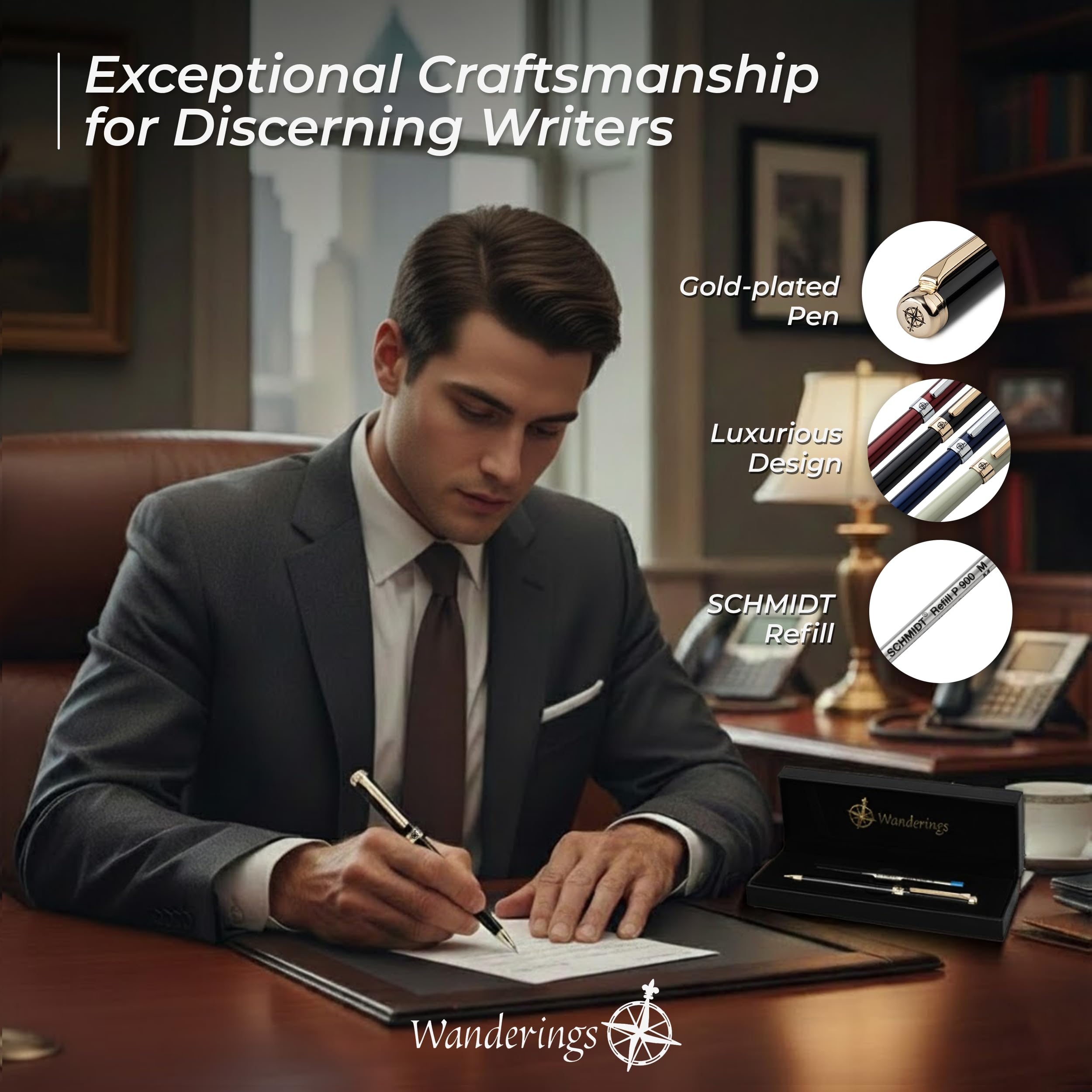WANDERINGS Bolígrafo Rollerball Premium con Tinta Alemana – Escritura Sobresaliente, 24K Chapado en Oro – Negro Piano – Incluye un Recambio Schmidt en un Estuche de Presentación para Regalo