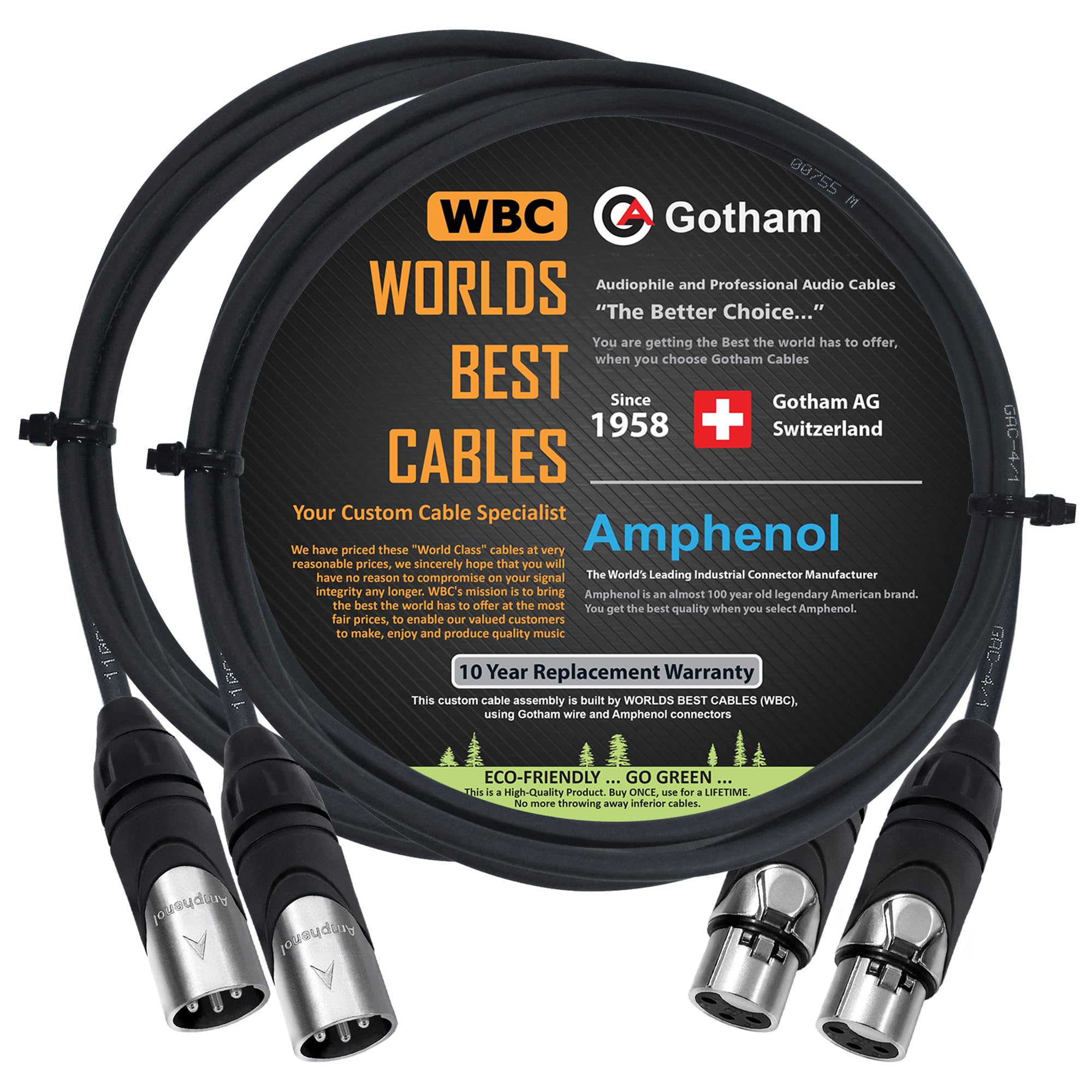 2 Units - 3 Foot - Gotham GAC-4/1 (Black) - Star Quad, Dual Shielded Balanced Male to Female Microphone Cables with Amphenol AX3M & AX3F Silver XLR Connectors - Custom Made