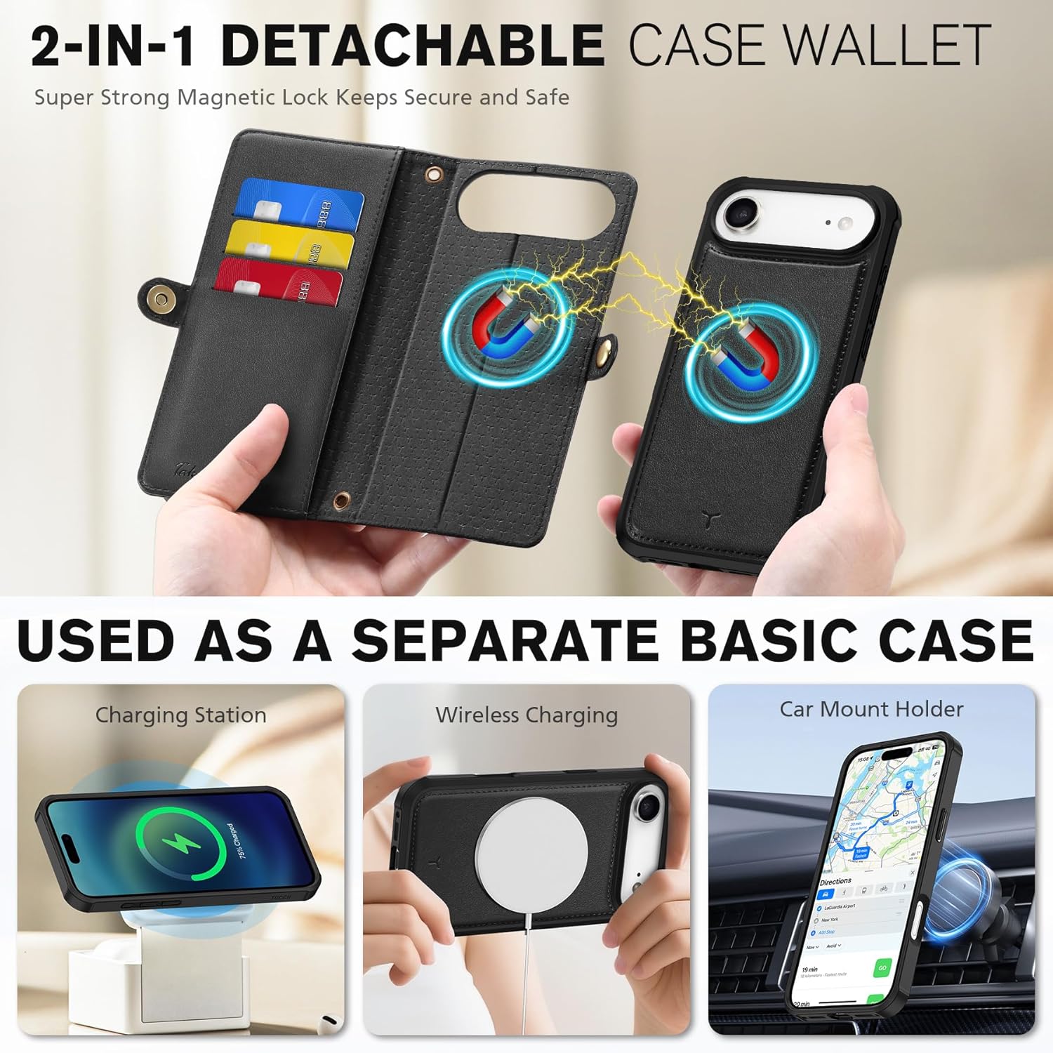 TUCCH Crossbody Detachable Wallet Case for iPhone Air 6.5" 2025, 9 Card Slots RFID Blocking | Wireless Charging | Wrist Strap | Lanyard | Stand | Zipper Pocket | PU Leather Shockproof Cover | Black - Image 4