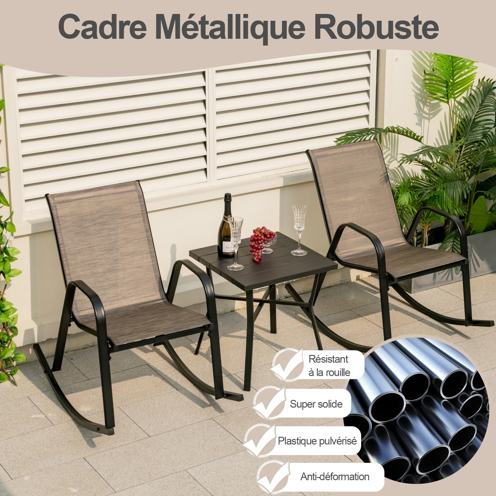 GOPLUS Lot de 2 Fauteuil Jardin Exterieur à Bascule en Textilène, 62 x 91 x 86 CM, Rocking Chair Cadre Métal avec Dossier Incurvé et Accoudoir Ergonomique, Charge 150 KG, pour Jardin, Balcon (Marron)