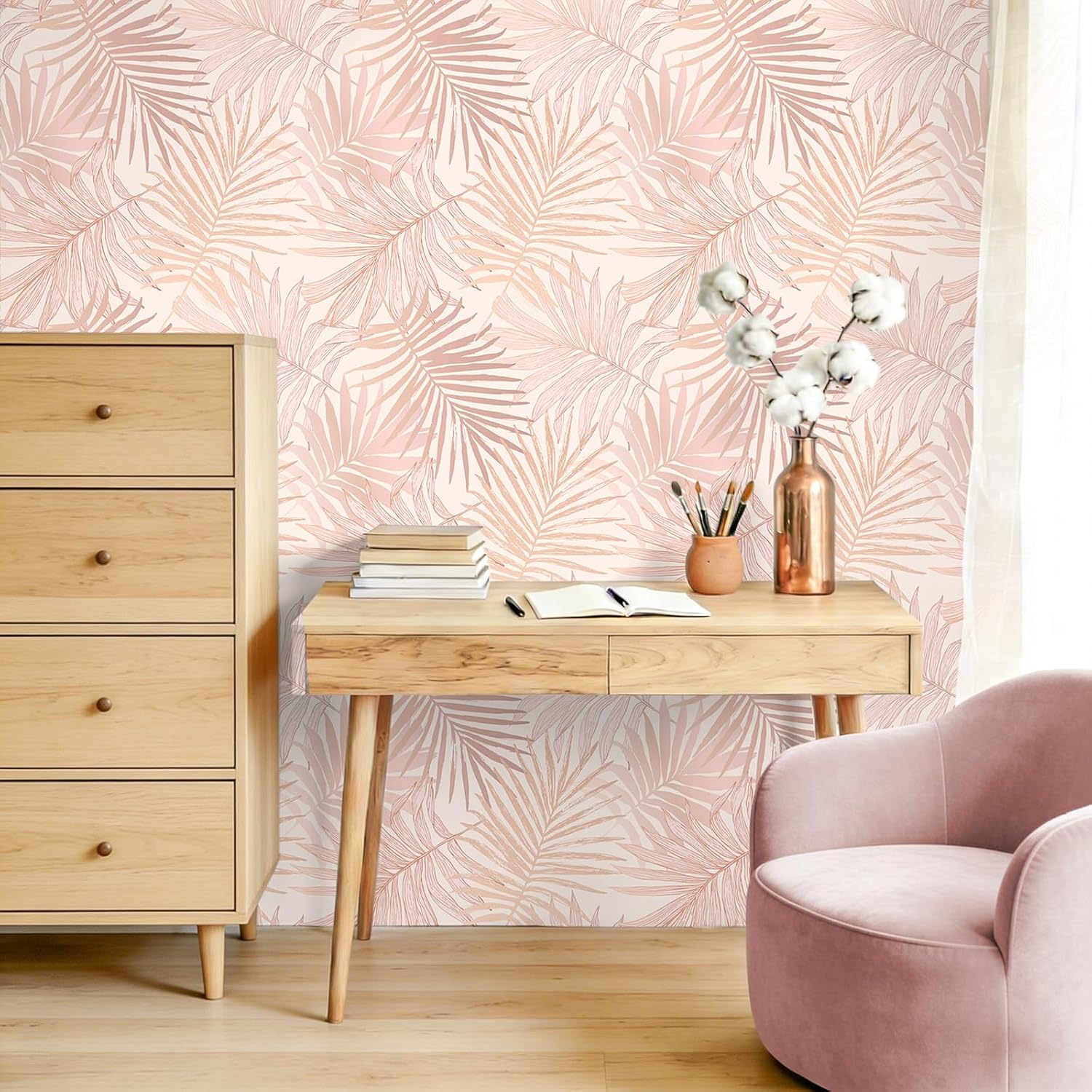 VEELIKE Pink Palm Leaf Peel and Stick Wallpaper Boho Tropical Wallpaper for Powder Room Bedroom 17.7''x354'' Removable Self Adhesive Contact Paper Pink Palm Wall Paper for Nursery Bathroom Living Room
