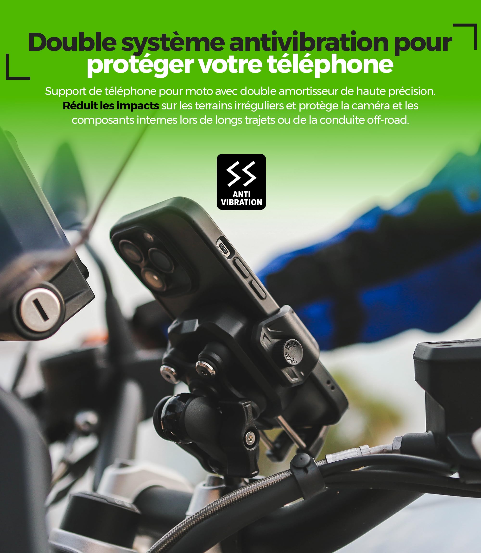 Support Telephone Moto Anti Vibration Anti Vol Trail Adventure Touring Fixation Securisee sur Guidon Bras Aluminium CNC 360° Reglable pour Smartphone 5.4-7.2 Pouces Camera Libre Ultra Stable