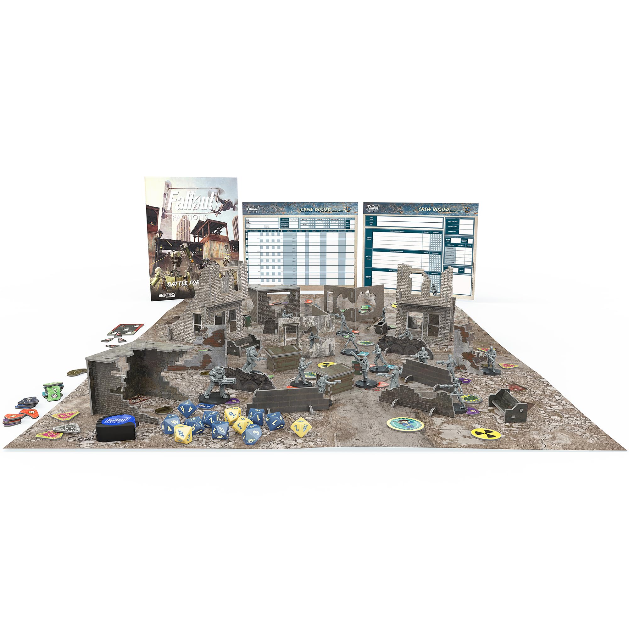 Fallout: Factions - Battle for Boston Starter Set - RPG Skirmish Game Accessori, Rulebook, Miniature, Punch-Out Terrain, Battle Map, Dadi