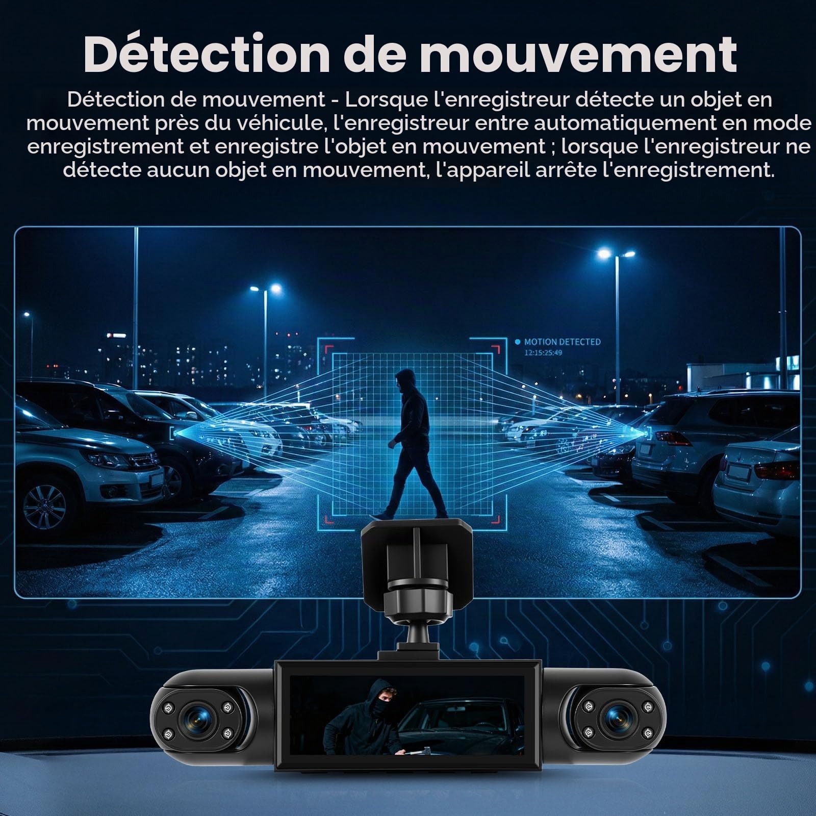 SIXTOP 3,16 pouces Caméra de Tableau de Bord Full HD 1080P 4 Caméras avec vue Panoramique 360 ° Compris Détection de Mouvement Vision Nocturne Marche Arrière Grand Angle 150 ° Enregistrement en Boucle