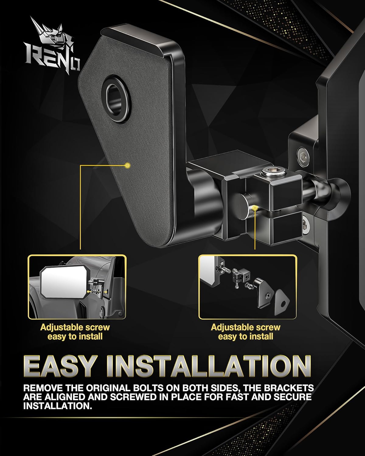 RENO Wrangler Mirrors Doors Off, Aluminum CNC Side Mirrors with Heavy-Duty Adjustable Bracket Wider View No Vibrate & Wobble Rear View Mirror Compatible with 2018-2025 Wrangler JL JLU Gladiator JT