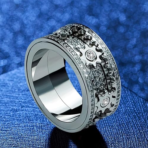Miniatura 3 de Anillos giratorios para aliviar la ansiedad y el estrés para hombre, anillo mecánico giratorio para parejas (diamante completo plateado 9)
