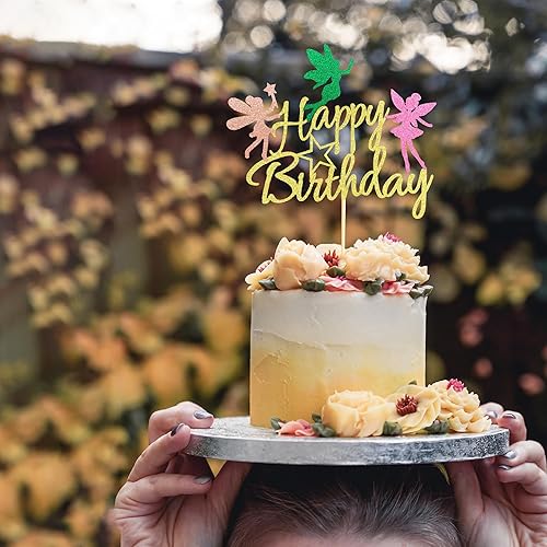 Miniatura 6 de Arthsdite Decoración para pastel de hadas, decoración de fiesta de cumpleaños para niña, decoración de feliz cumpleaños de hadas, purpurina dorada