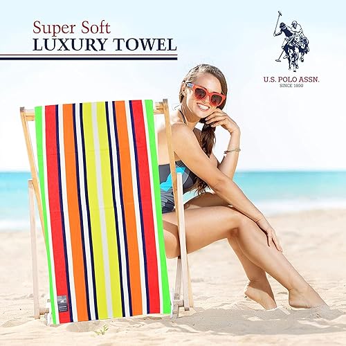 Miniatura 3 de U.S. Polo Assn. Toalla de playa de gran tamaño (40 x 70 pulgadas), diseño náutico a rayas, de lujo, algodón de felpa de calidad de hotel para baño,