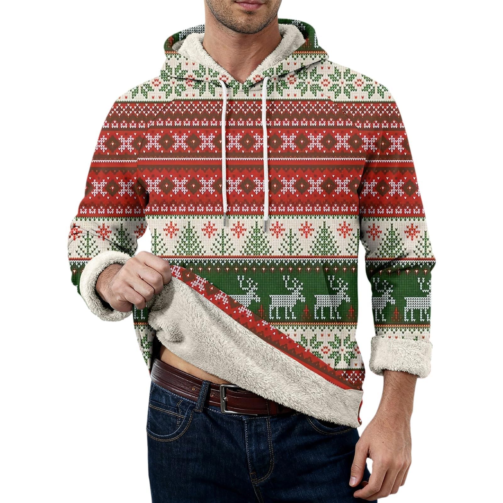 Sudaderas con capucha de Navidad forradas de forro polar para hombre divertidos renos árbol de Navidad sudaderas oversize de manga larga top cálido sherpa suéter novedad traje de Navidad ropa de