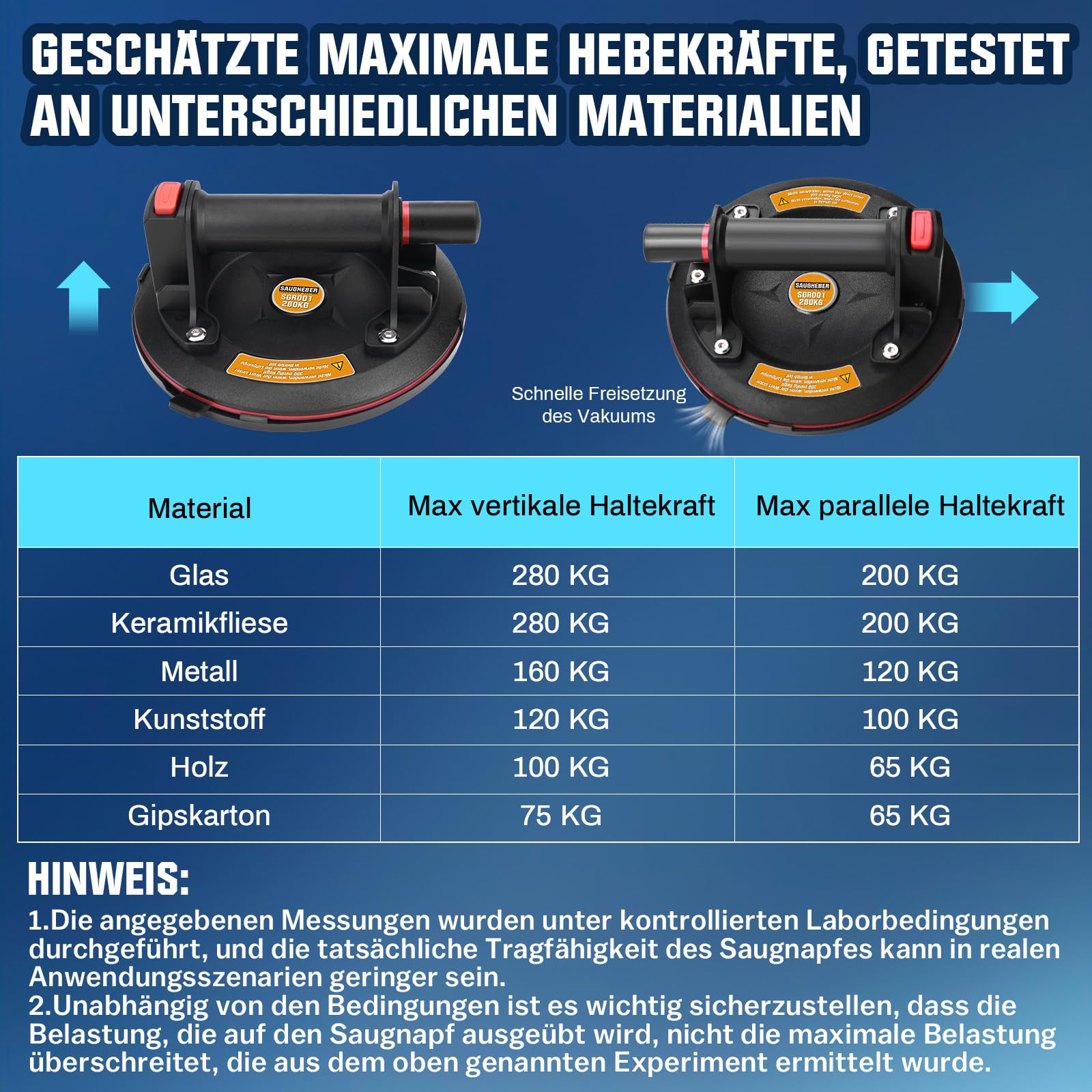 2er Set 8" Saugheber Glasheber Saughalter, Vakuumheber Fliesenheber Plattenheber, Doppelschicht Saugnäpfe, Vakuum Saugheber für Glas Fliesen Marmor, inkl. Werkzeugkasten (Tragkraft 260KG)