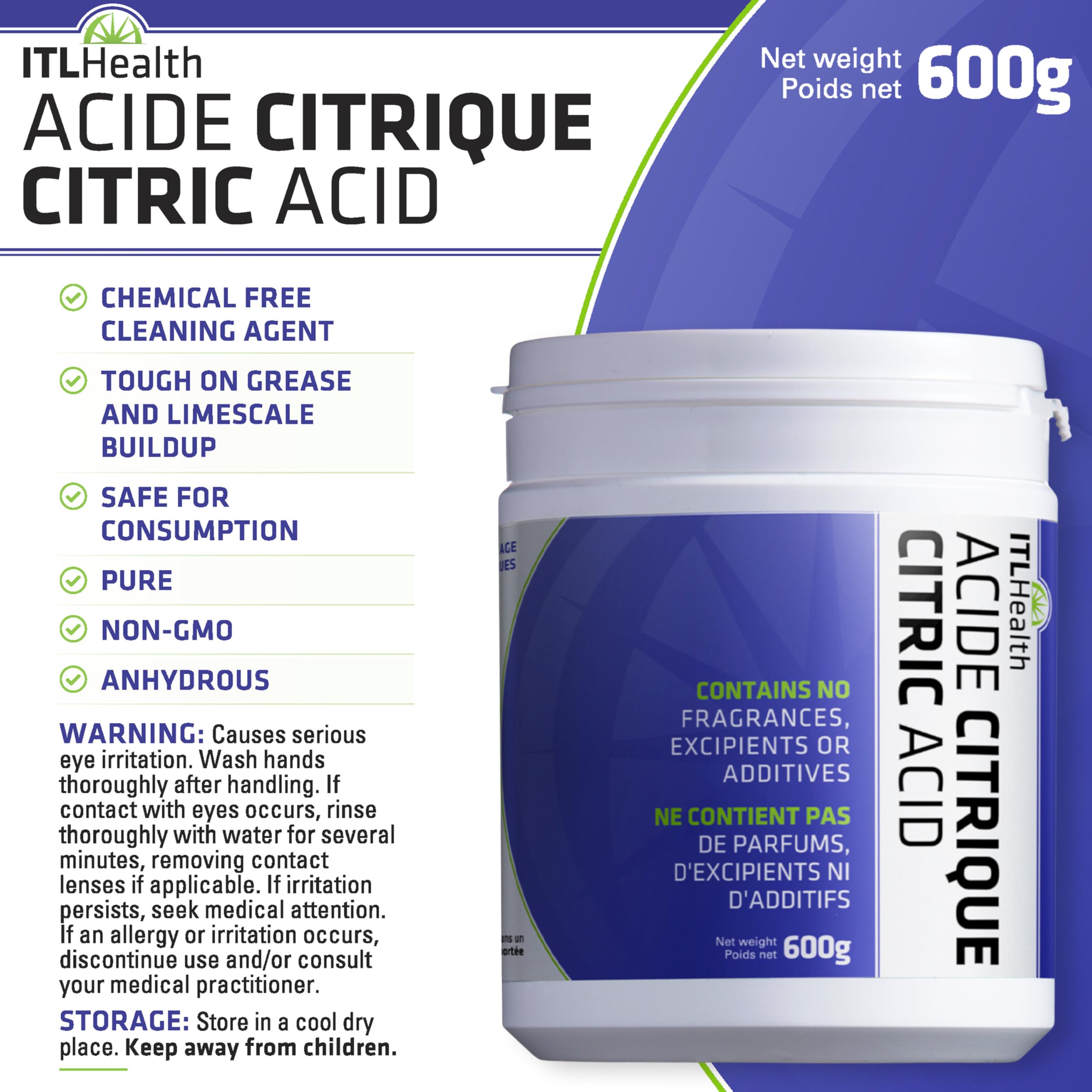 ITL Health Citric Acid Powder 600g - Pure, Food-Grade Quality for DIY Bath Bombs, Descaling & Household Cleaning, Non-GMO, Cleaner, Natural Ingredient for Cooking & a Variety of Home Uses - 5