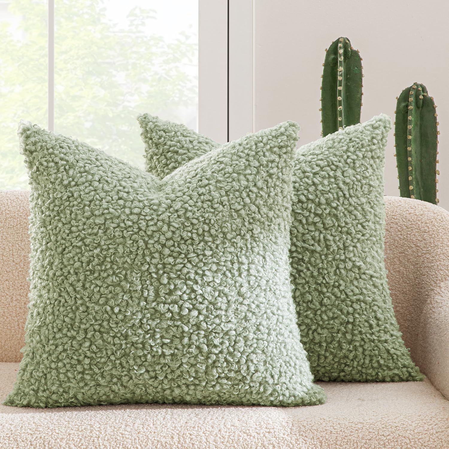 MIULEE Pack of 2 Light Green Faux Fur Throw Pillow Covers 18x18 Inch Boucle Decorative Sherpa Pillow Covers Fuzzy Accent Soft Sheepskin Fleece for Boho Home Decor Sofa Living Room Couch Bed