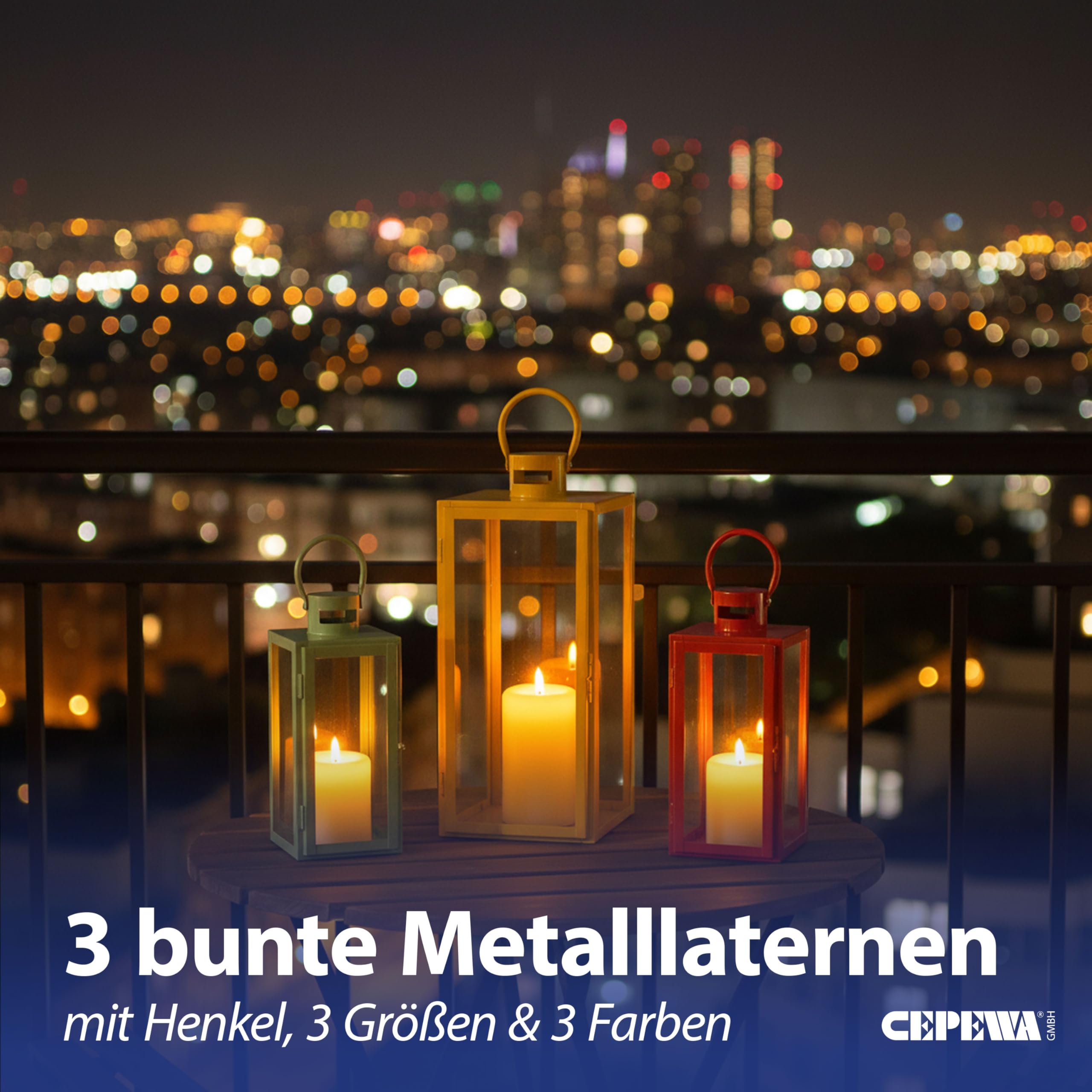 Laterne 3er Set | grün orange gelb 3 Größen Metall Glas | Windlicht mit Henkel für Kerzen oder LED Gartenlaterne | Kerzenhalter