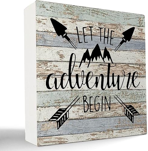 kunlisa Letrero de madera con texto en inglés "Let The Adventure Begin Camping", decoración de escritorio, caja de madera rústica, caja de placa