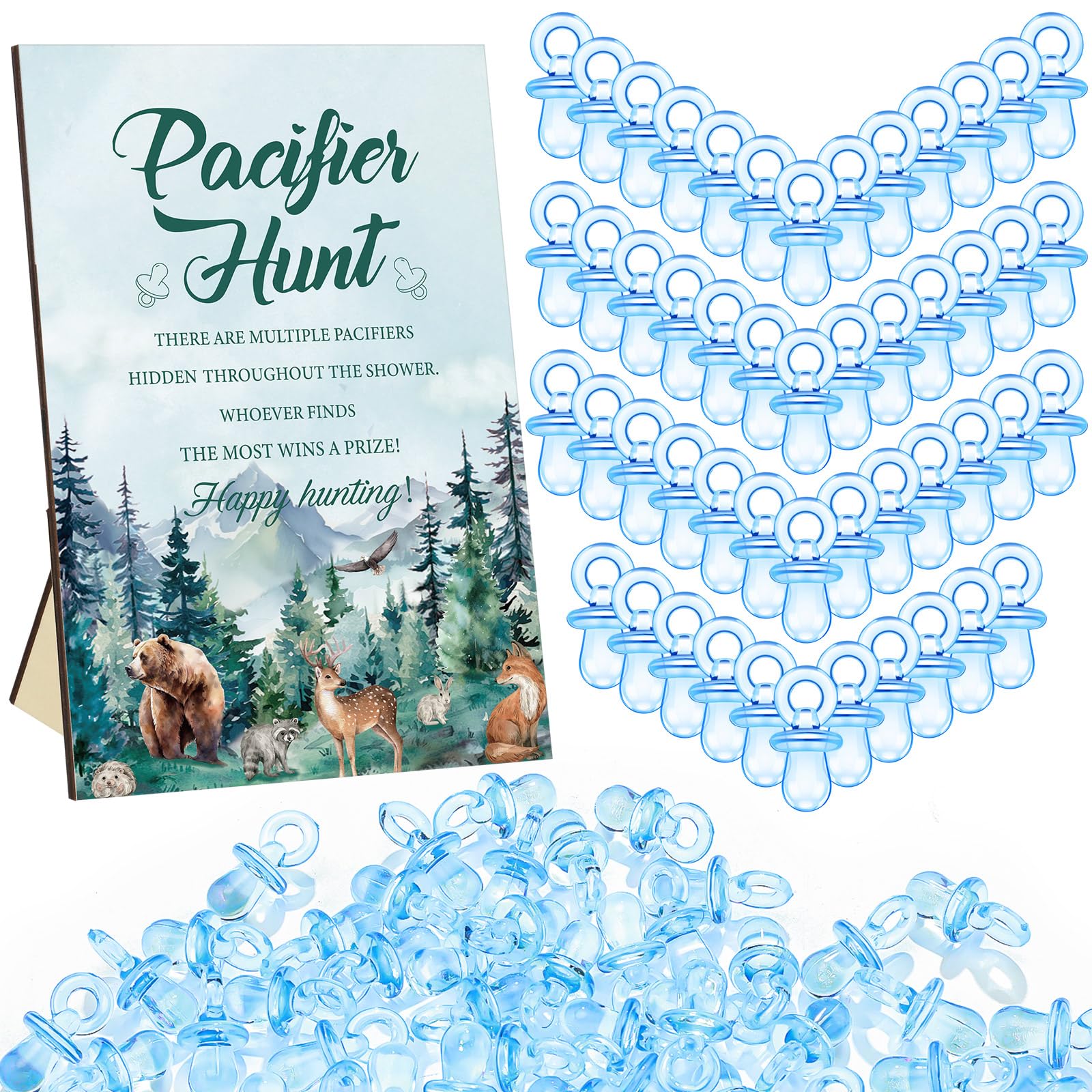Thyle 51 Pcs Pacifier Hunt Baby Shower Games Include Hunt Sign and 50 Acrylic Pacifiers for Baby Shower Game Decoration Gift Sets Gender Reveal Party