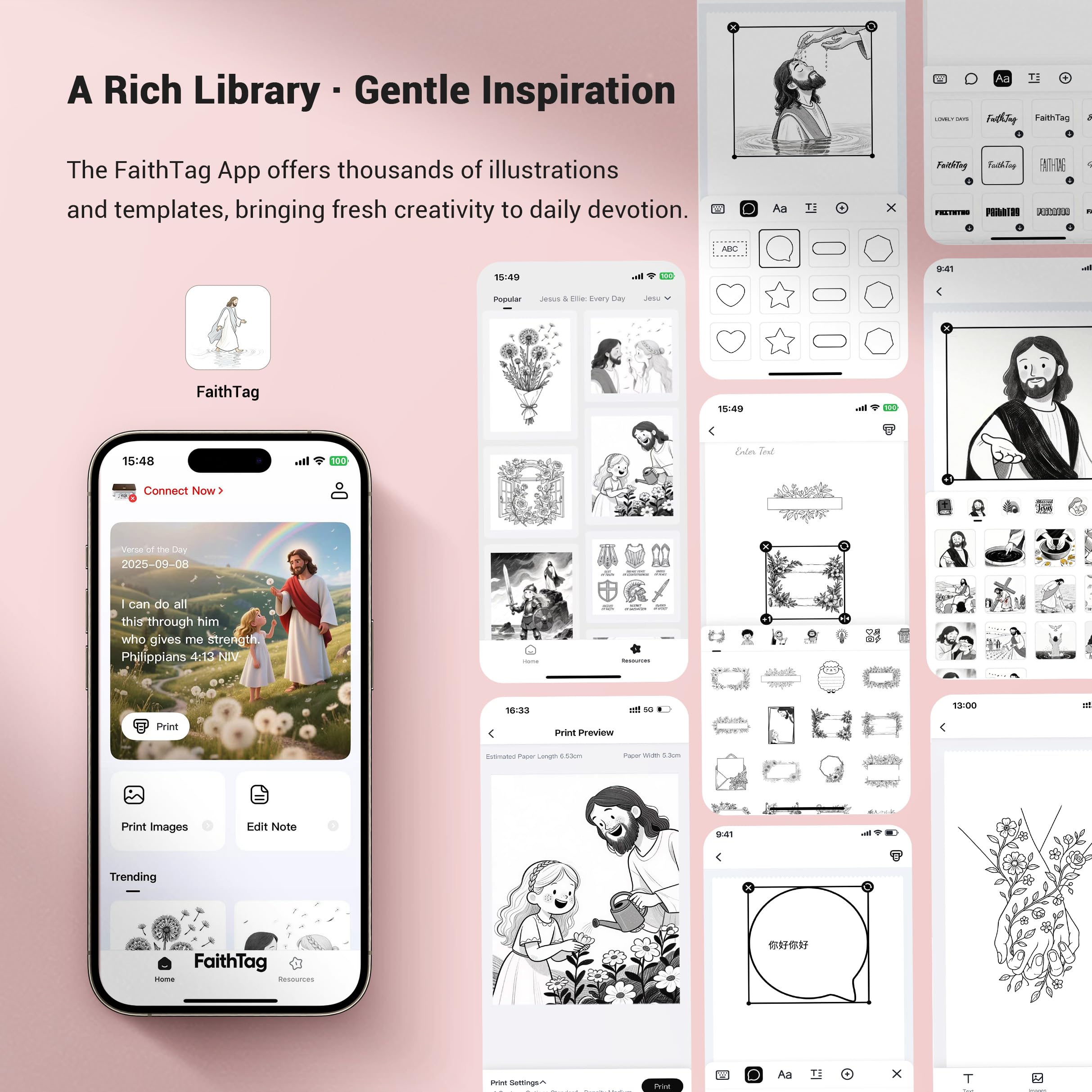 Suministros de diario de estudio bíblico rosa, kit de mini impresora de calcomanías F21, regalos cristianos para mujeres, hombres, adolescentes, niñas, niños, confirmación, bautizos