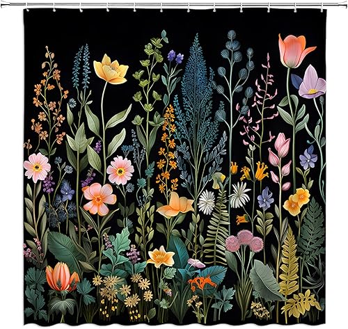 Cortina de ducha de hierbas florales negras, cortina de baño botánica estética natural con ganchos