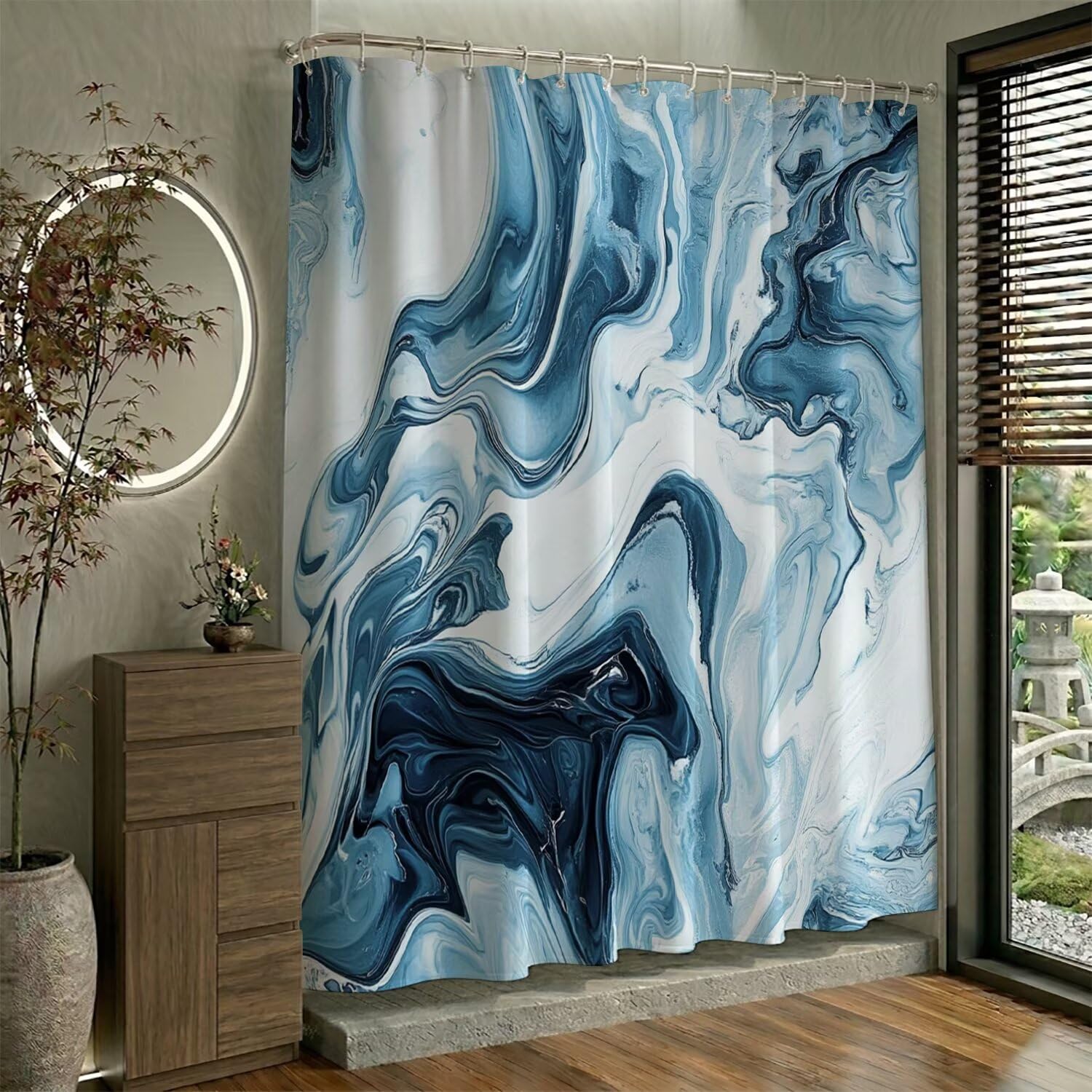 Rideau de douche 180 x 180 cm polyester bleu motif marbré W-P182