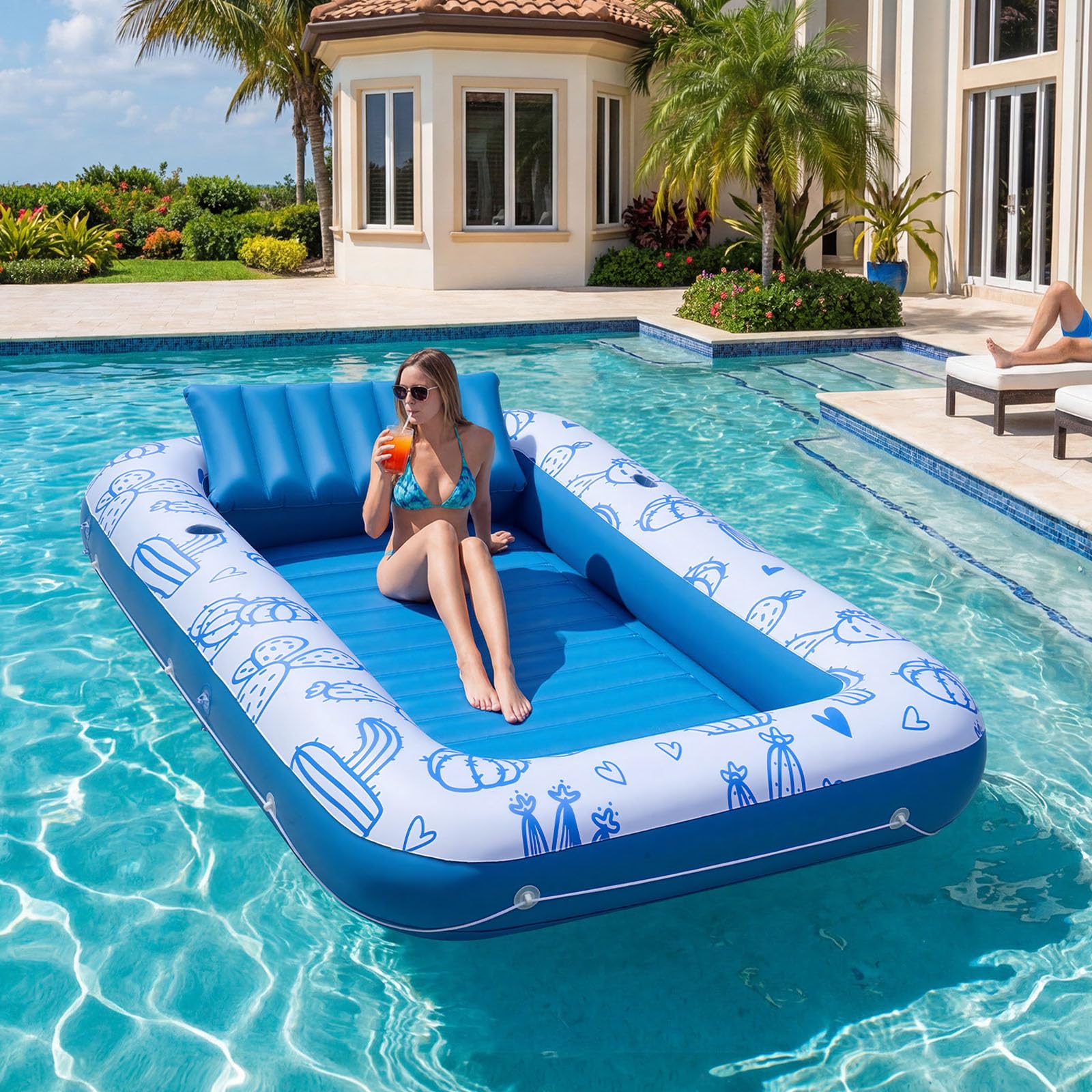 VEVOR Flotador Inflable para Piscina con Toldo 209x140cm, Colchón Hinchable para Tomar Sol para Adultos, Capacidad de 250kg, con Almohada, Soporte para Teléfono y Portavasos para Disfrutar del Agua