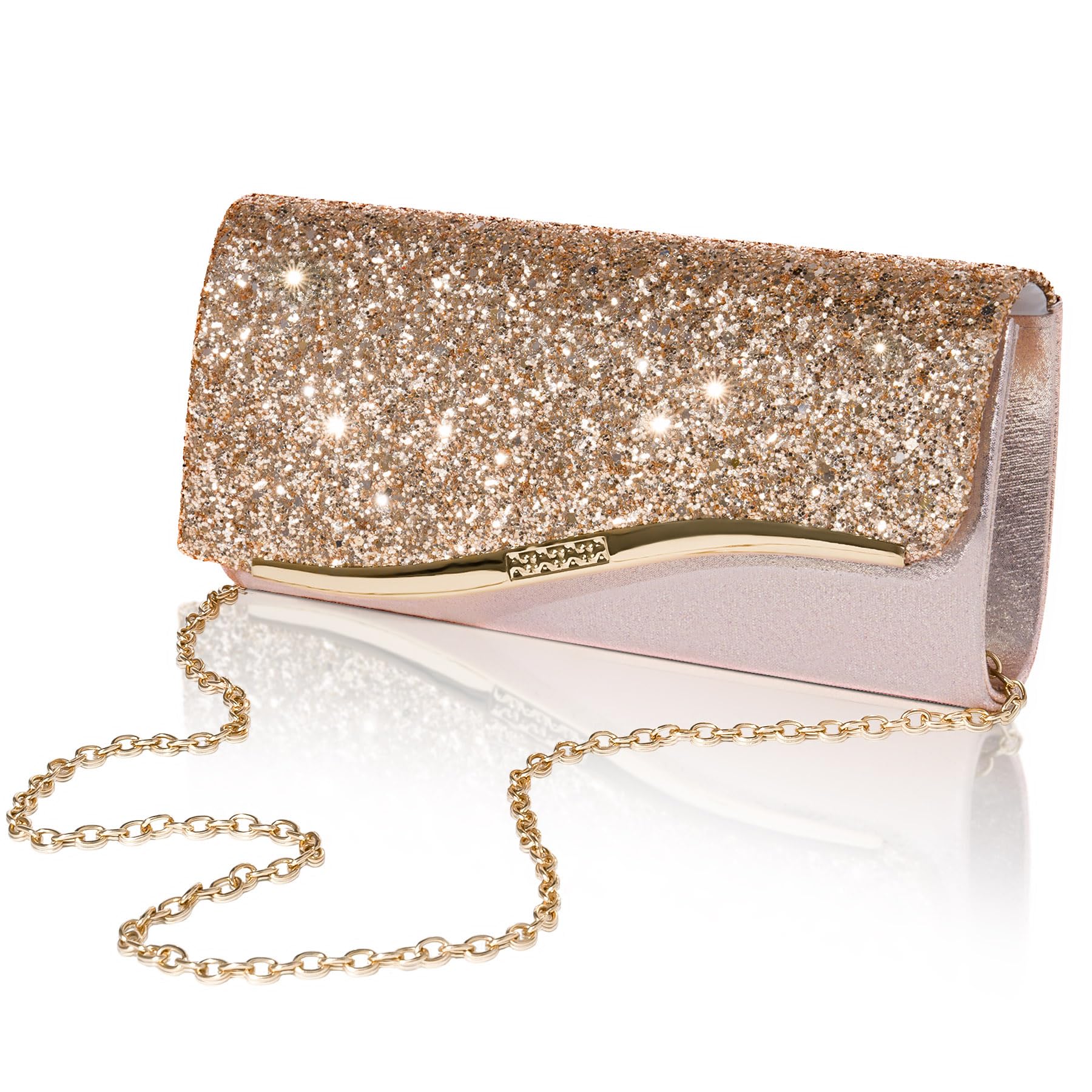 Larcenciel Glitter Evening Clutch Purse for Women with 2 Chain Straps, Fashion Youth Girls Party Bags, Sequins Shoulder Crossbody Handbags for Prom Wedding Cocktail Formal Events Nights Out, Champagne