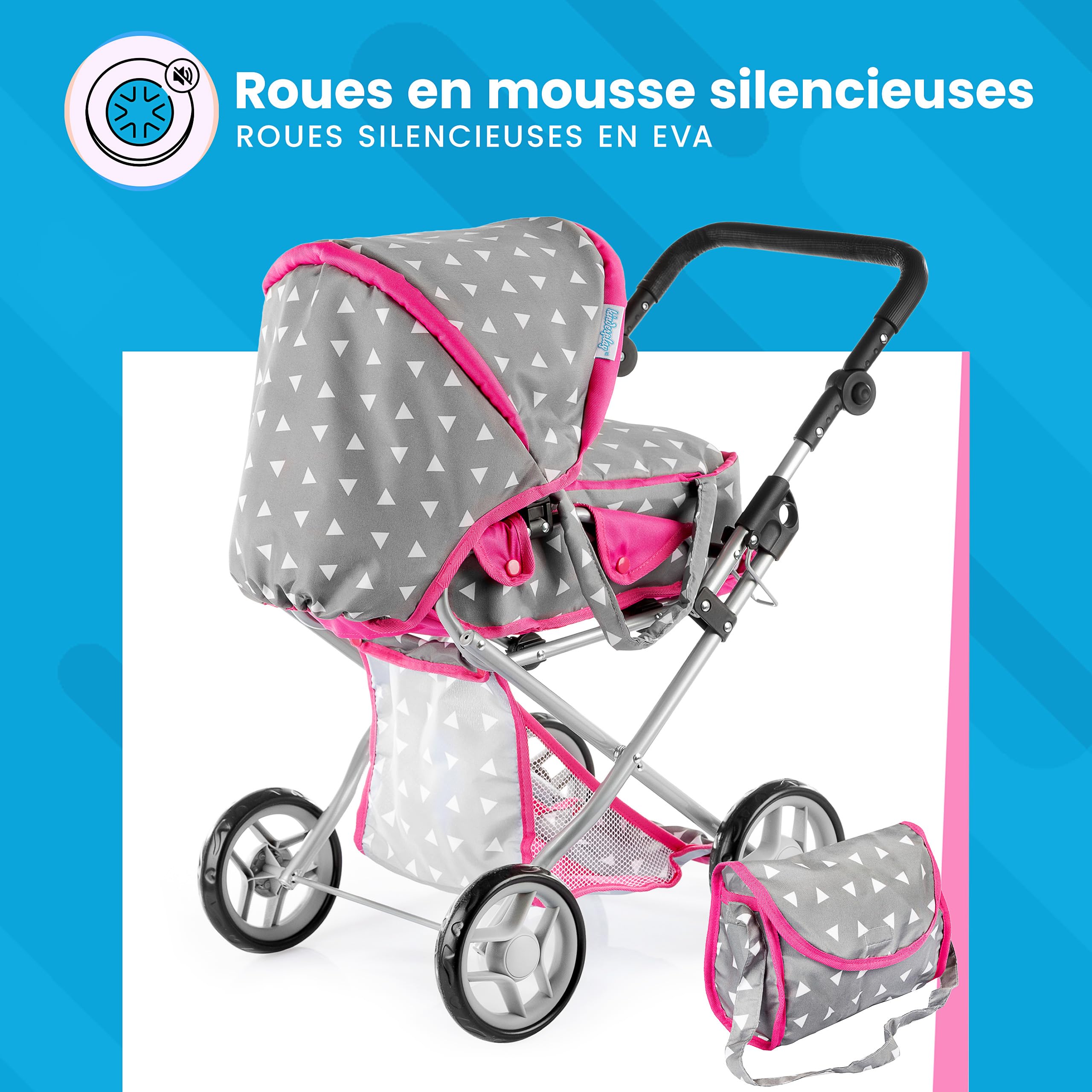 Kinderplay Poussette Poupee, Poussette Jouet - Poignée de la Poussette Entre 36.5 et 64 cm, avec Prise Souple, 3en1, KP0200S