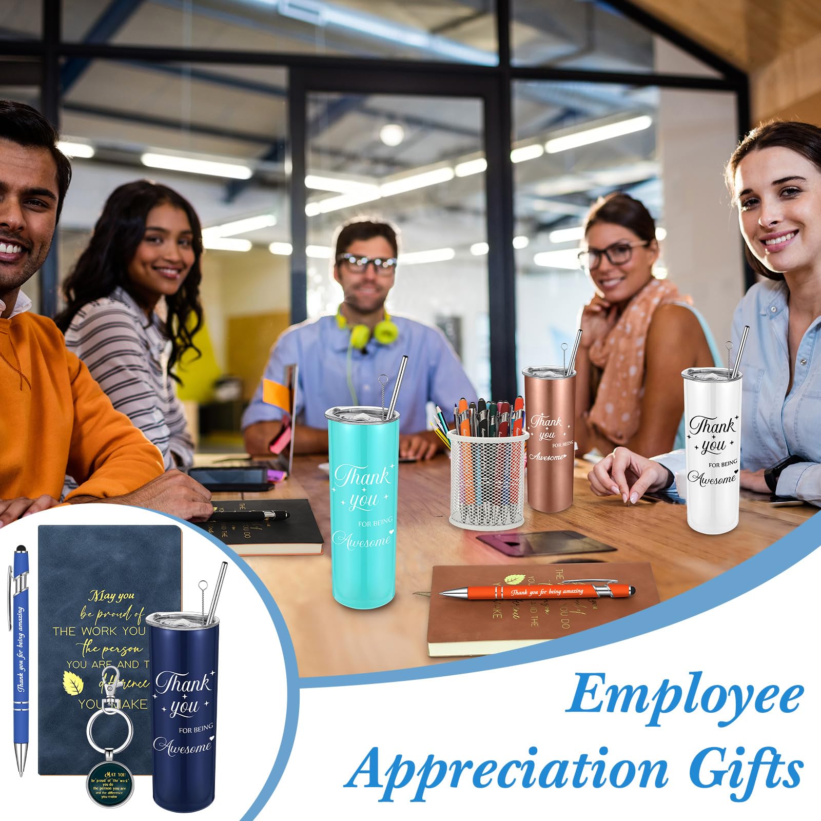 Ireer Regalos de agradecimiento a empleados, regalos de compañeros de trabajo, regalos de agradecimiento a granel para mujeres y hombres, vaso aislado, llavero, bloc de notas (colores vibrantes, 8