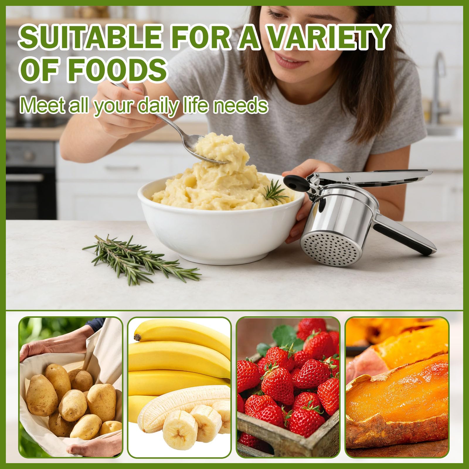 Exprimidor de Patatas Acero Inoxidable + 3 Discos y Mangos de Antideslizantes para Puré de Verduras Zumos de Frutas