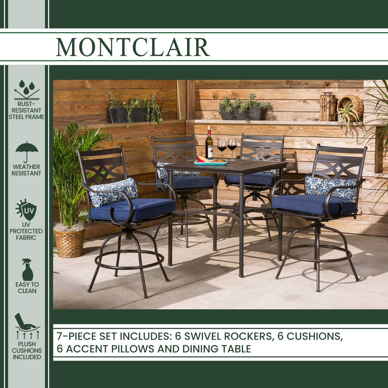 Hanover Montclair 7-Piece All-Weather Outdoor Patio Dining Set, 6 Swivel Rocker Chairs with Comfortable Navy Seat and Lumbar Cushions, 40"x66" Stamped Rectangle Table, MCLRDN7PCSQSW6-NVY : Patio, Lawn & Garden