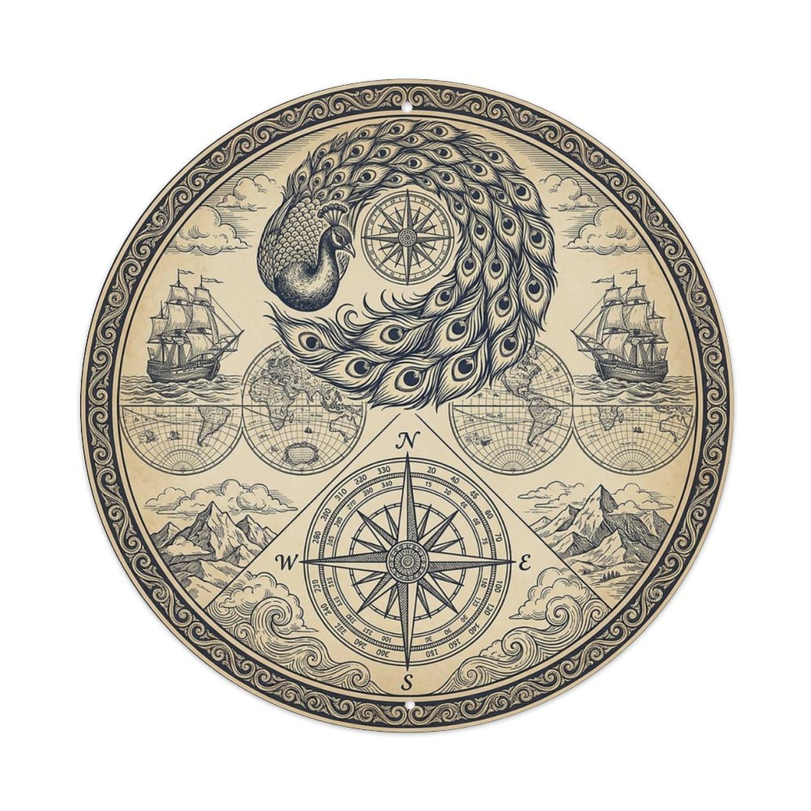 Vintage Nautical Compass World Map Seaway Chronicle Metal Tin Sign