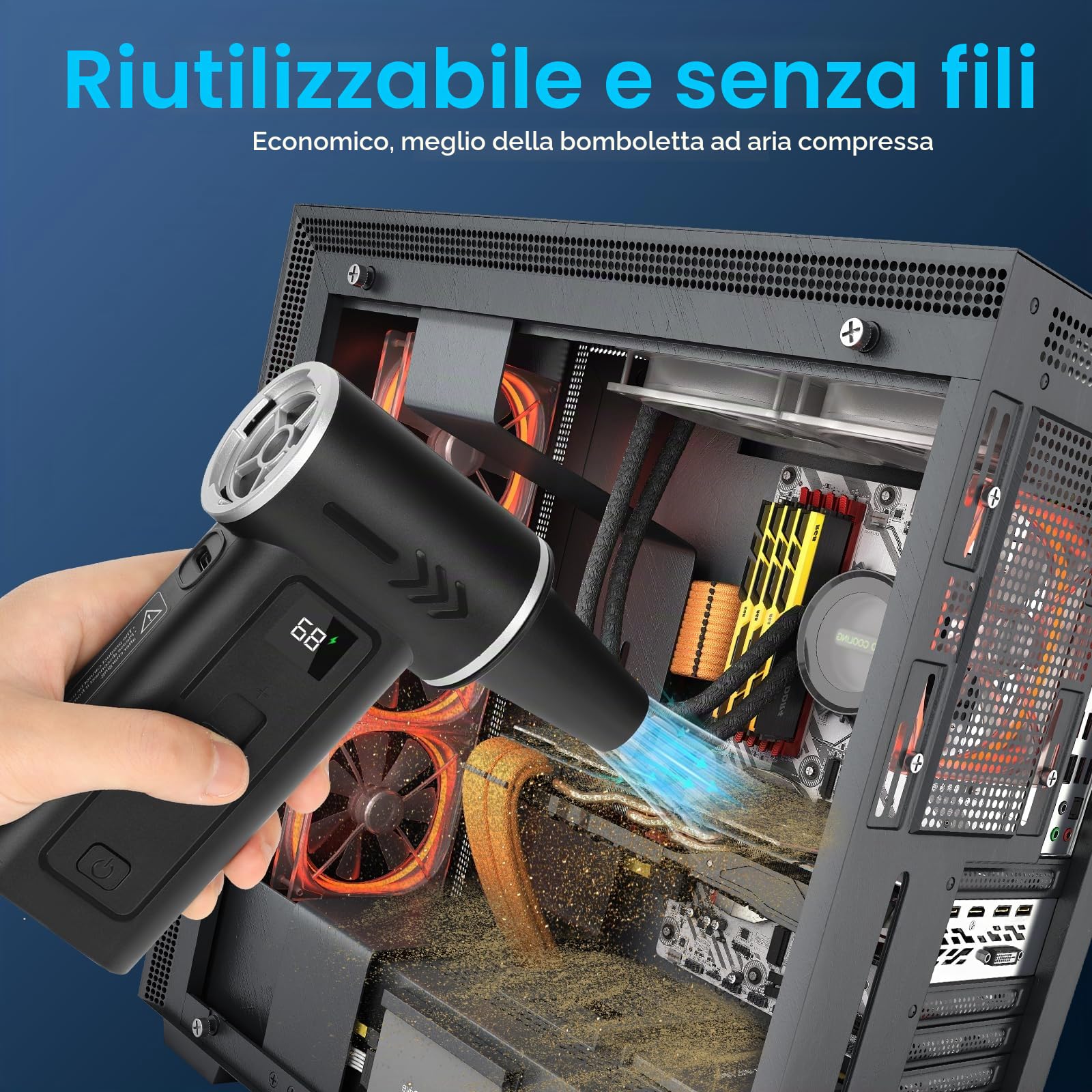 Soffiatore Aria Compressa 2-in-1 Air Duster Elettrico & Aspirapolvere 180000 RPM, Batteria 8000mAh, 100 Livelli di Velocità, Display Digitale, Kit Pulizia PC, Tastiera e Auto, USB-C